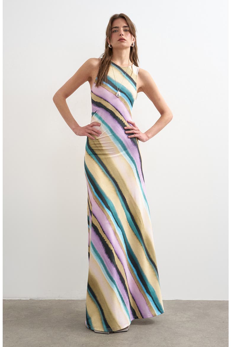 Ruched Stripe Sleeveless Maxi Dress