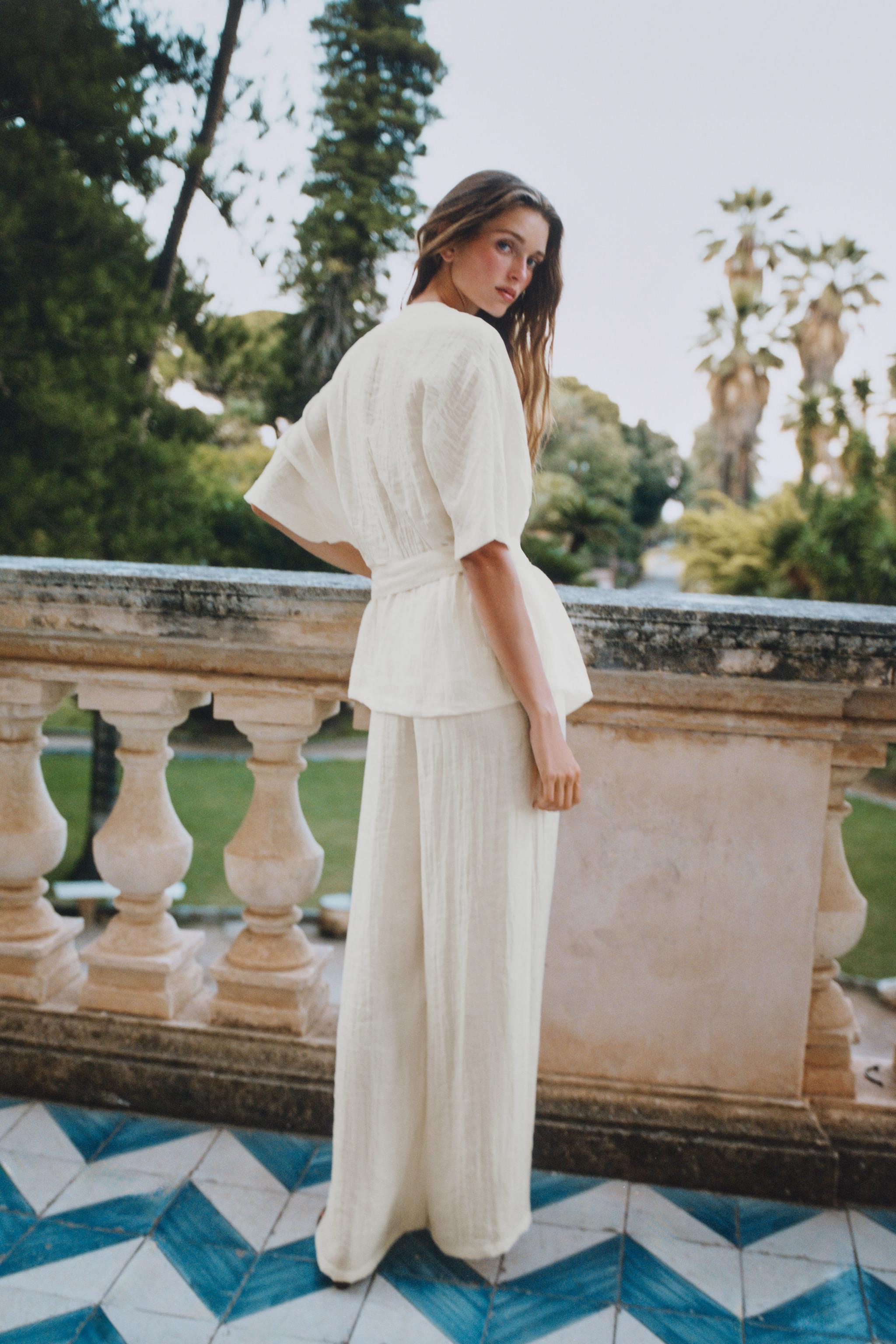 Wide-Leg Pleated Trousers - Ecru - Xs