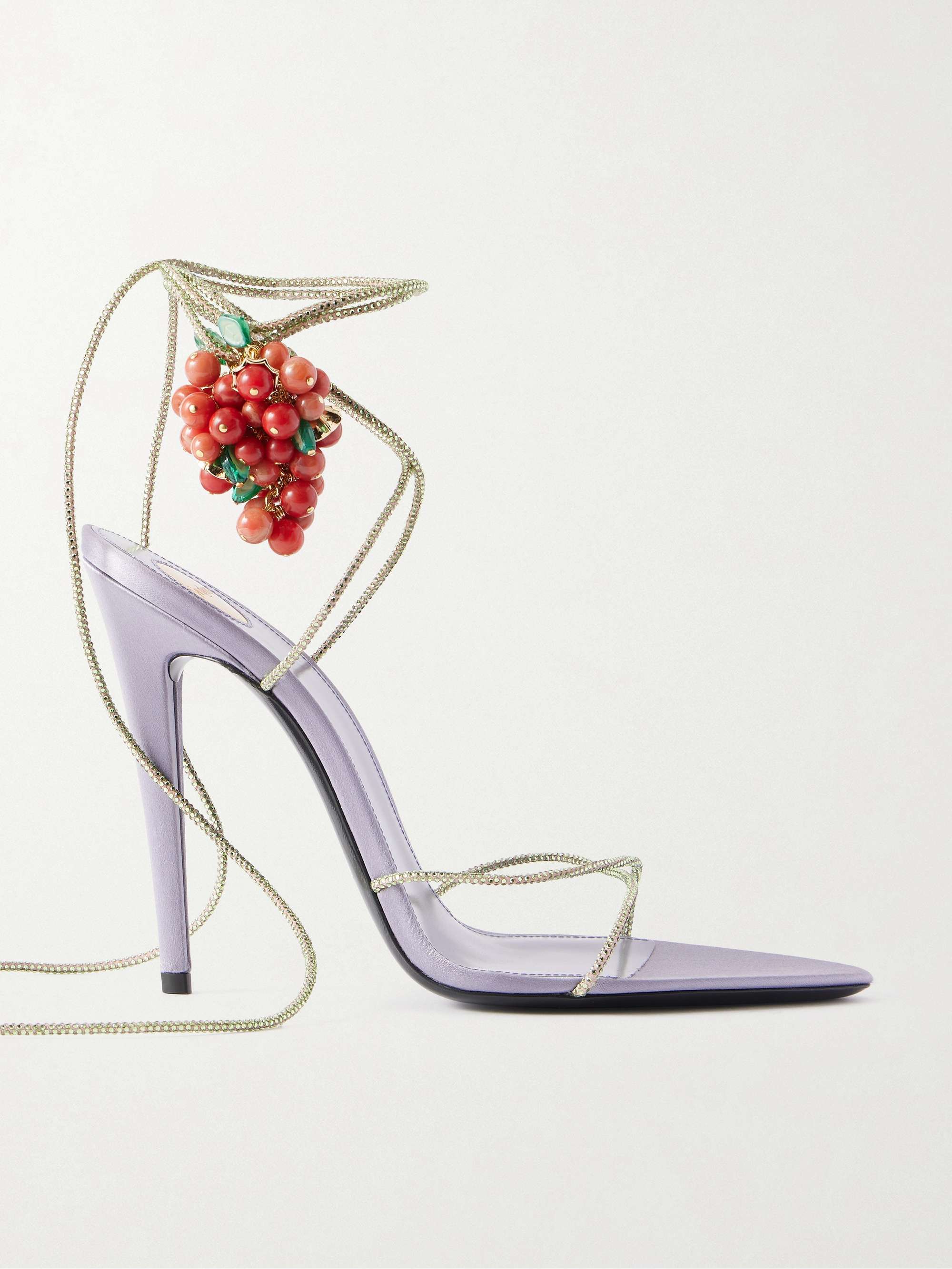 Suede-Trimmed Embellished Satin Sandals