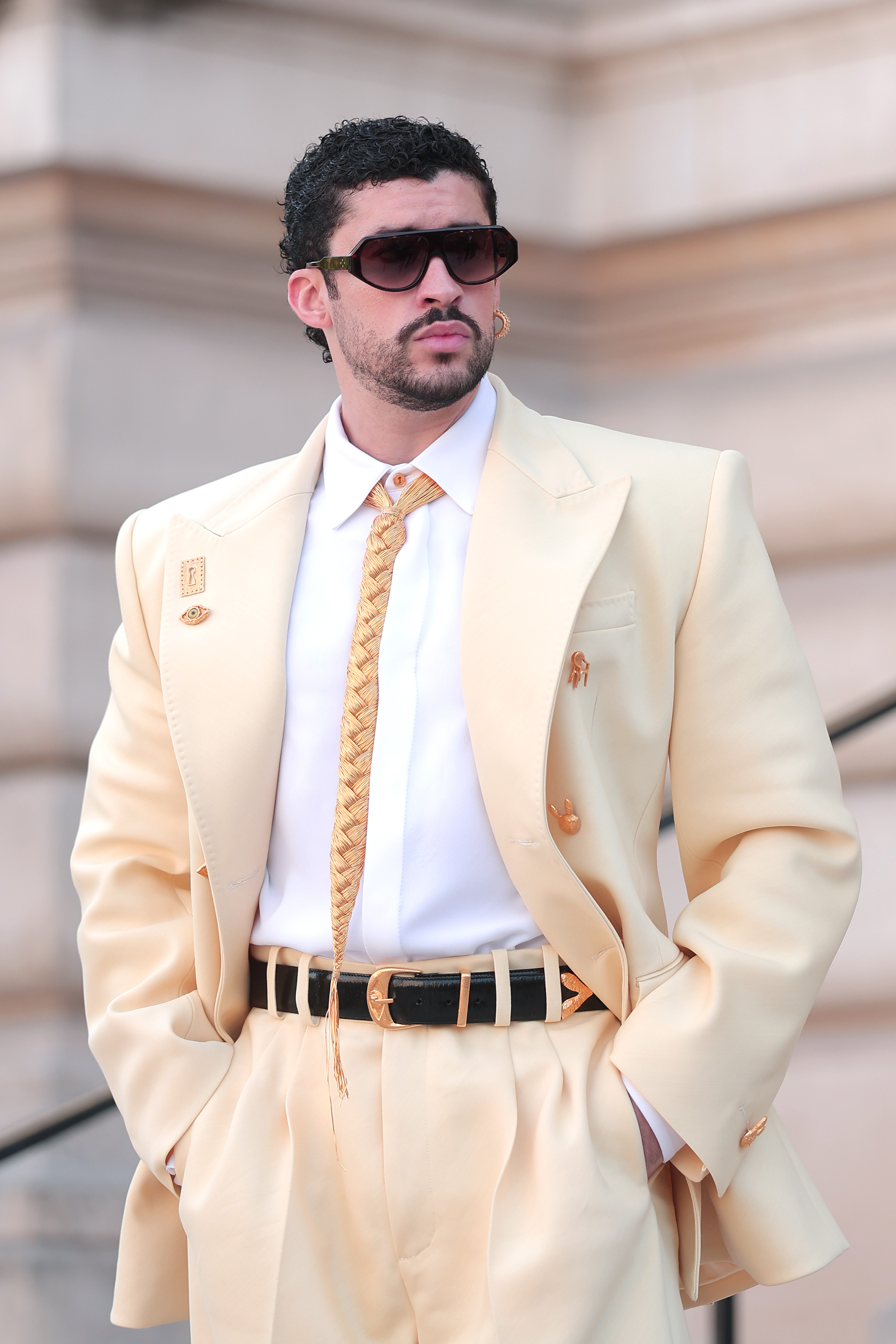 An image of Bad Bunny at the Schiaparelli Haute Couture  FW26 show.