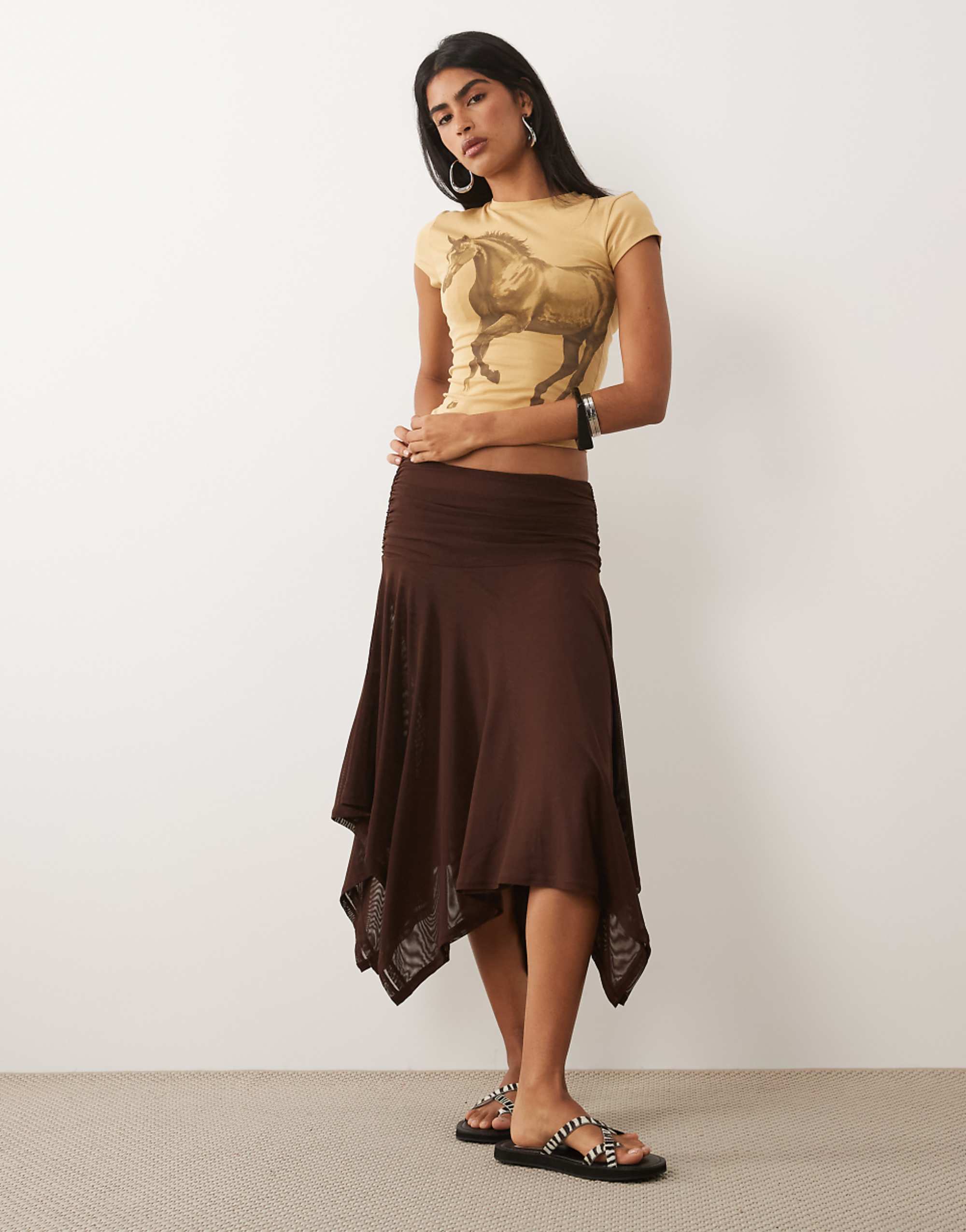 Asos Design Sheer Mesh Hanky Hem Skirt in Chocolate