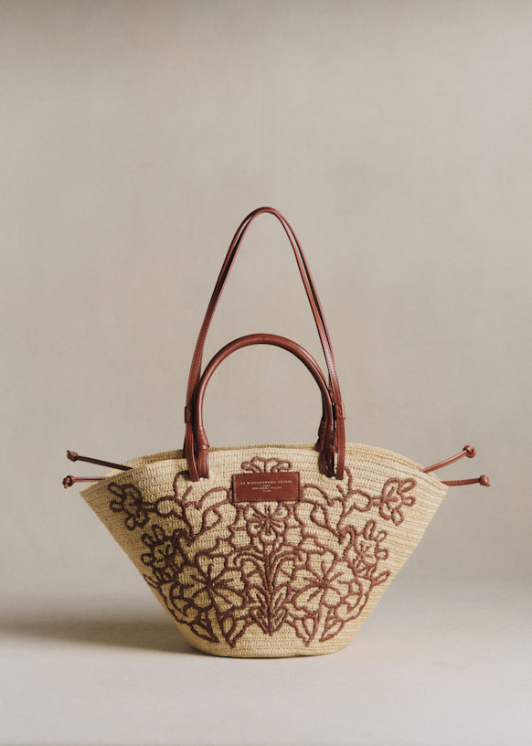 Justine Basket Bag - Raffia Embroidery Terracotta Flowers - Raffia - Sézane