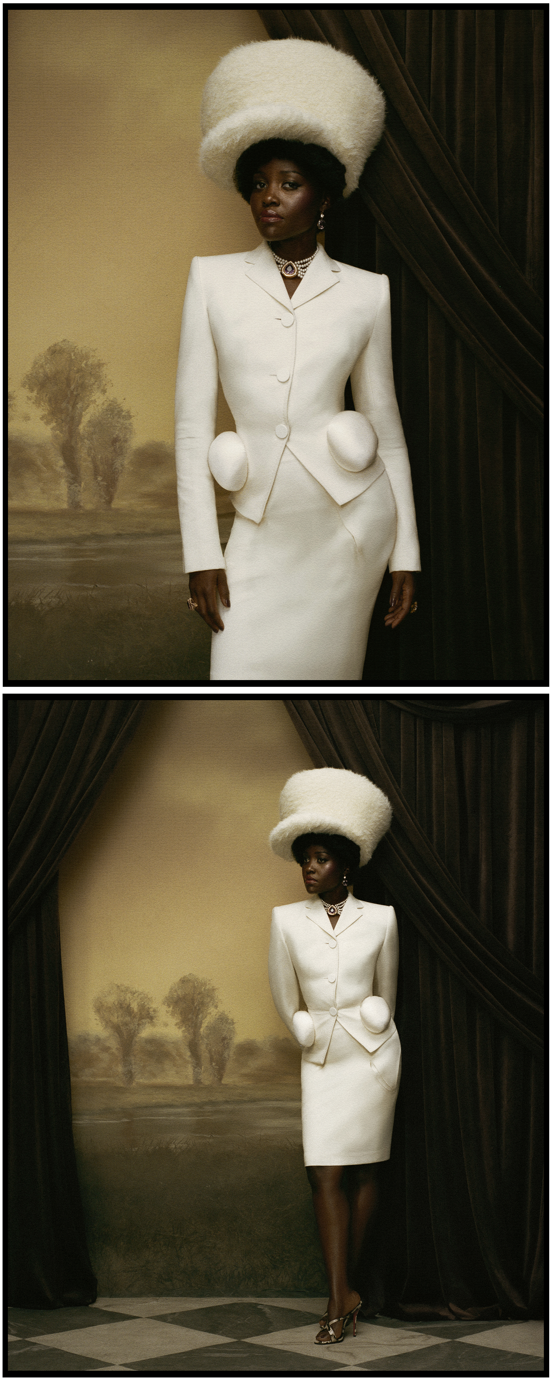 Lupita Nyong'o photographed by Kenny Germé standing in front of a brown velvet curtain and painted backdrop. She is wearing a matching white blazer jacket and pencil skirt with pom poms on the hips and a large white hat.