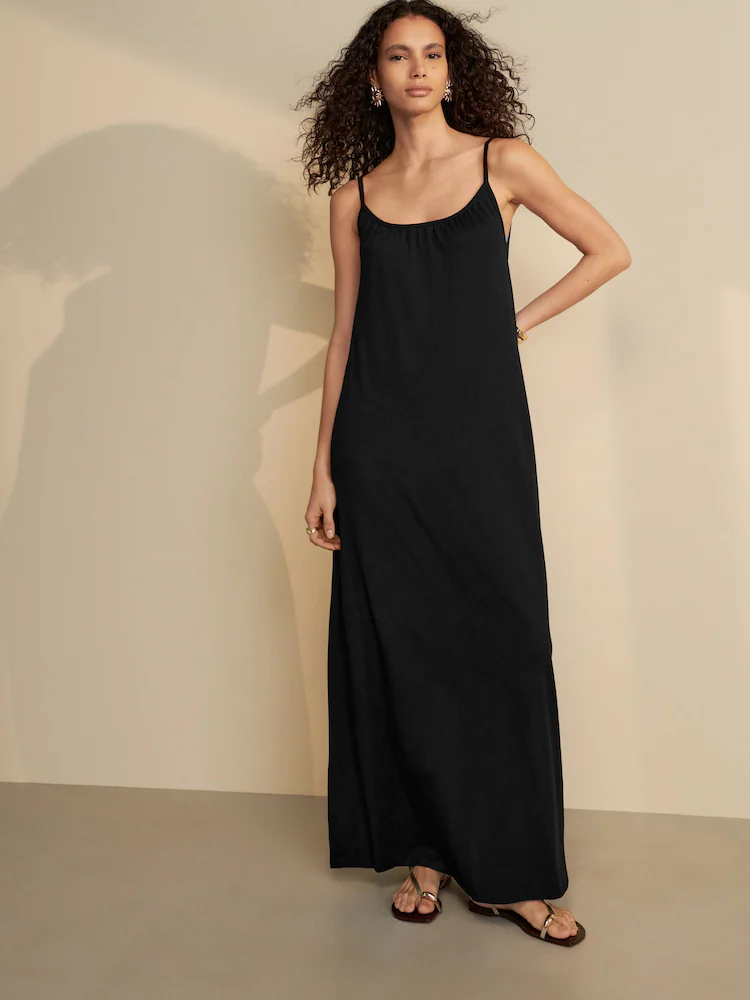 next, Maxi Length Trapeze Shape Ruched Neckline Thin Vest Strap Dress