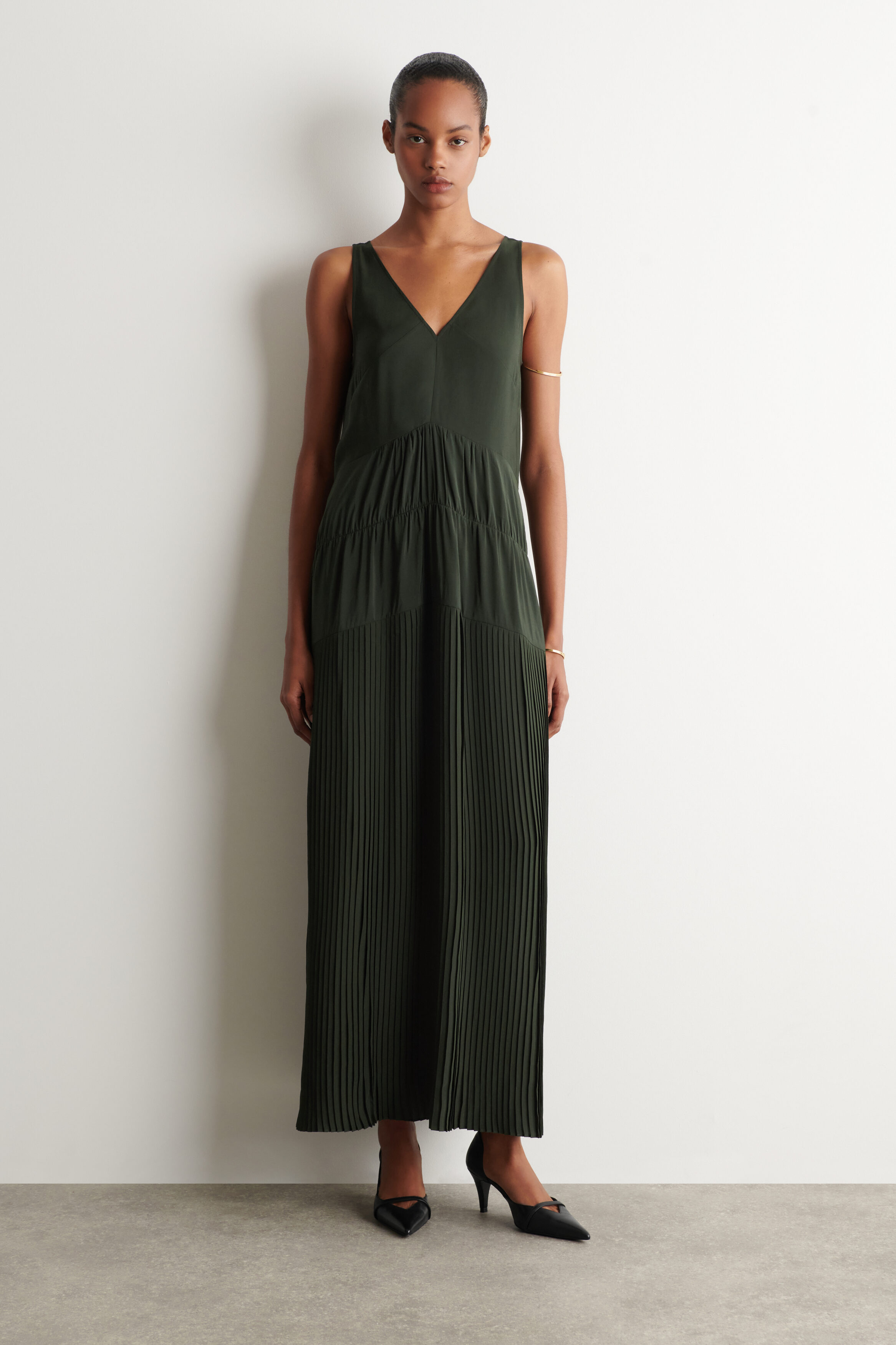 Gathered Pleated V-Neck Maxi Dress