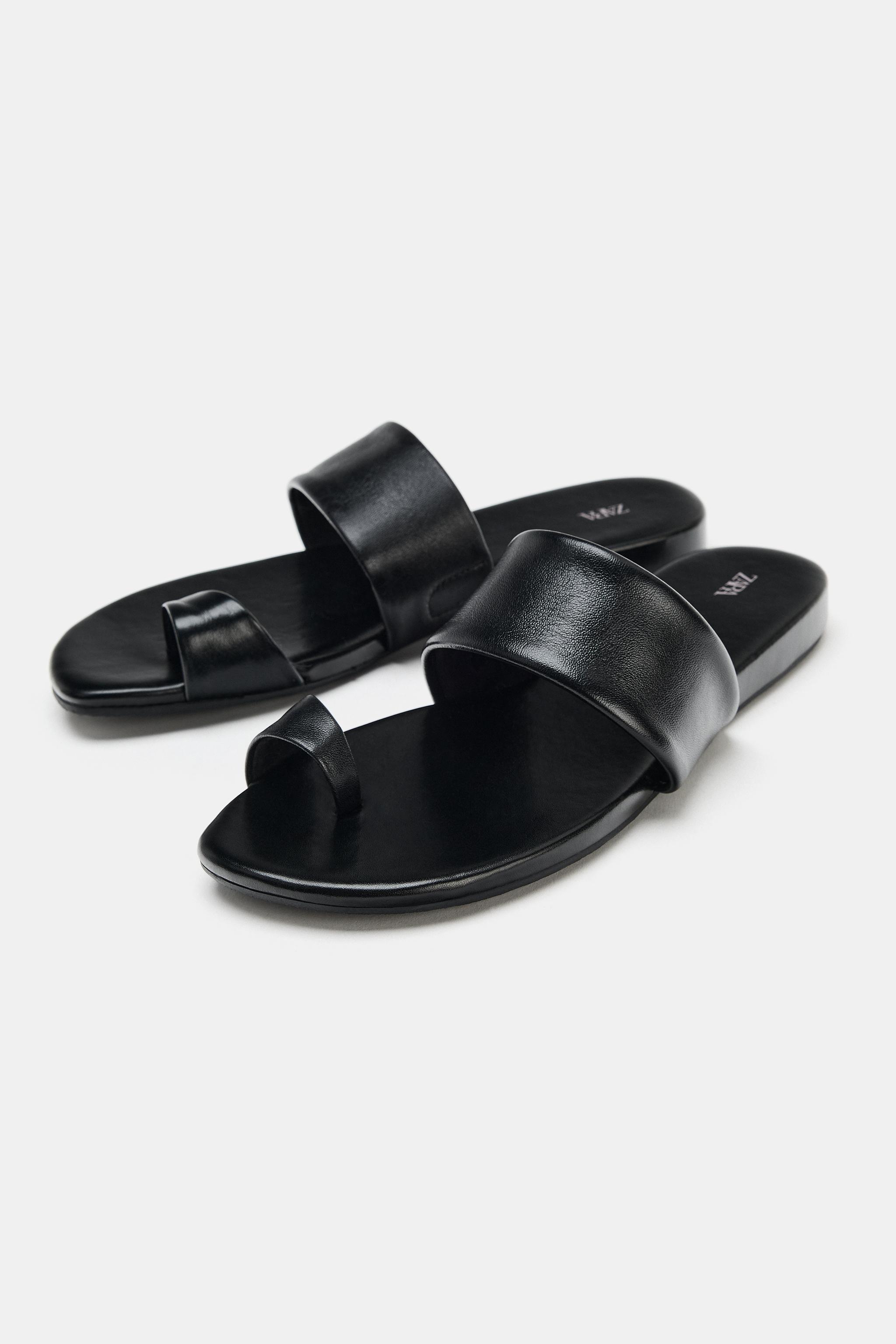 Flat Leather Sandals - Black - 2