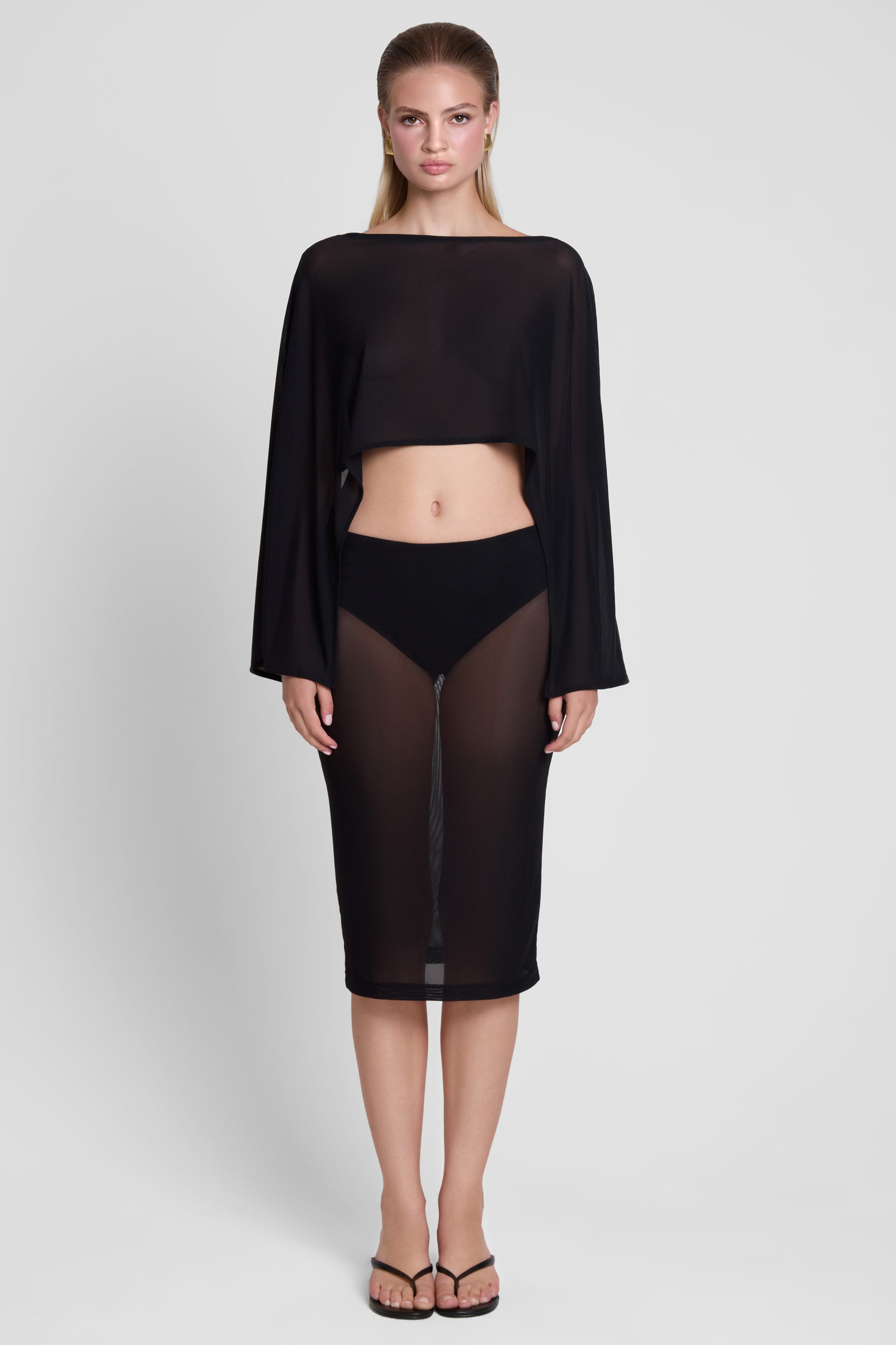 Vesper Sheer Mesh Knee Length Skirt - Black - Xs