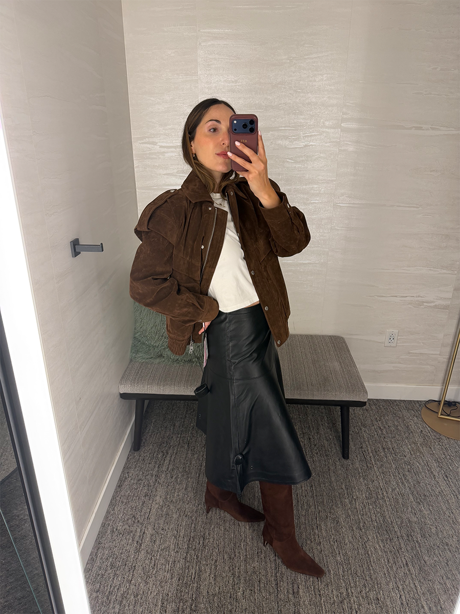 Anna LaPlaca trying on fall fashion items from the Nordstrom Anniversary Sale