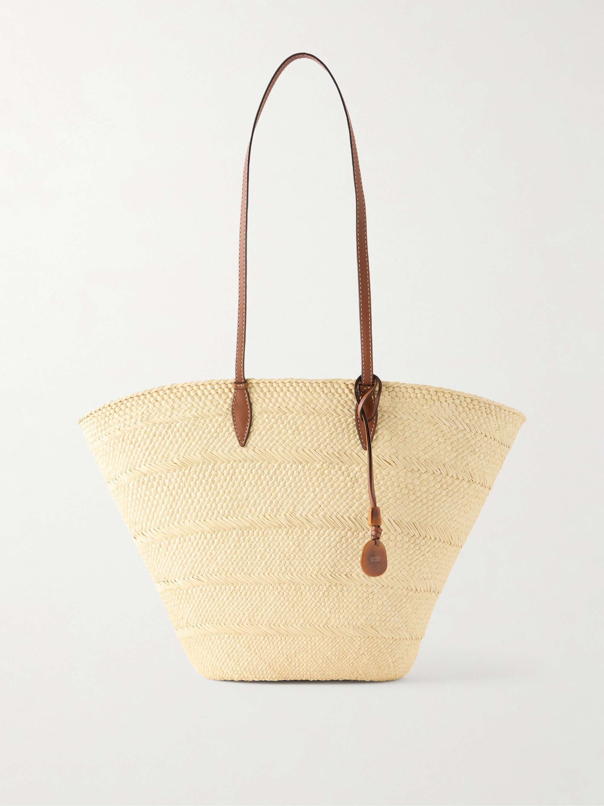 Trapeze Basket Leather-Trimmed Woven Raffia Tote