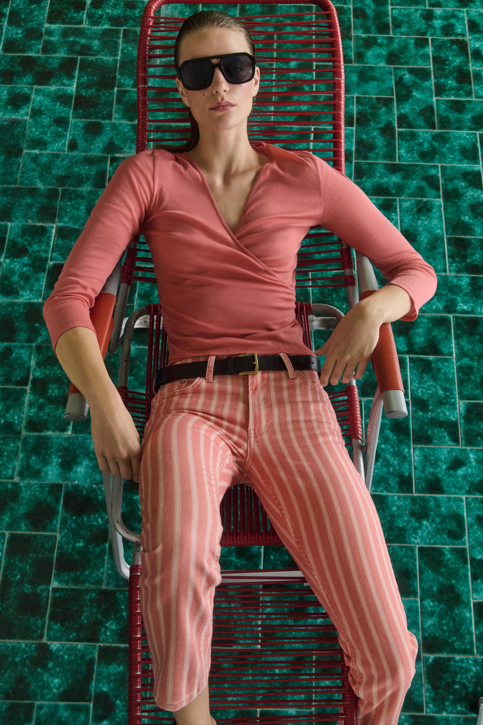 Zw Collection Mid-Rise Striped Slim Jeans - Coral - 25 (us 0)