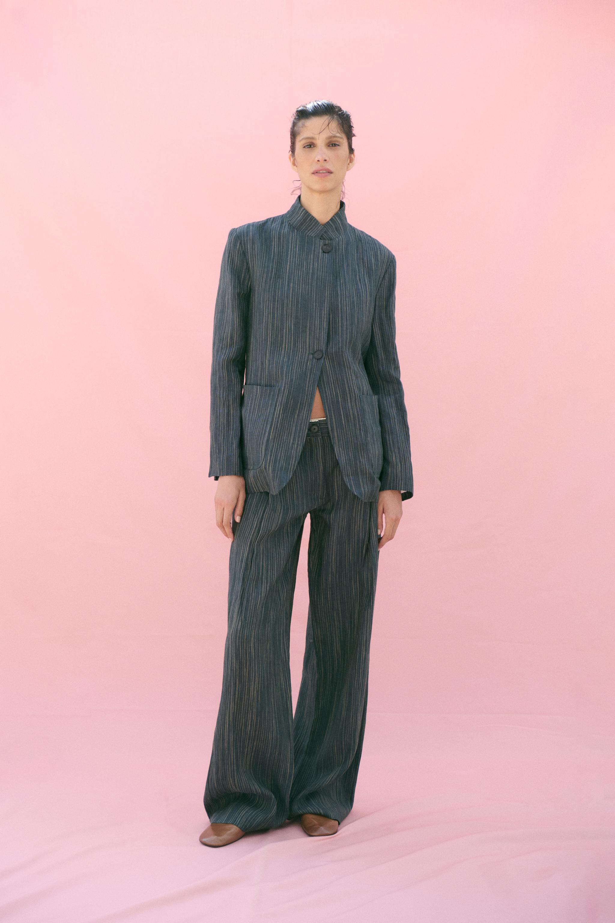 Zw Collection Striped Linen Blazer - Blue Grey - Xs