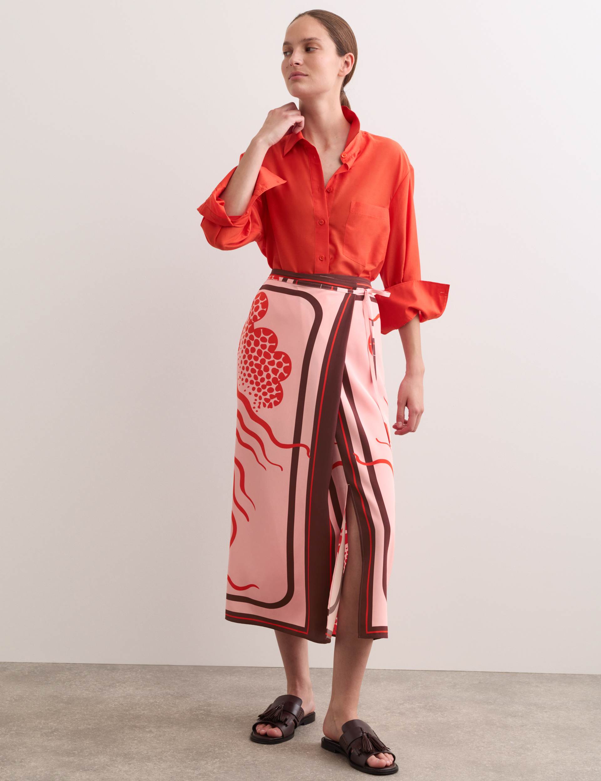 Pure Silk Linear Wave Print Midi Wrap Skirt