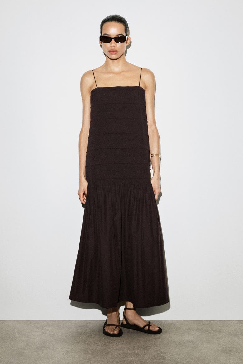 Ruched Dropped-Waist Poplin Midi Dress
