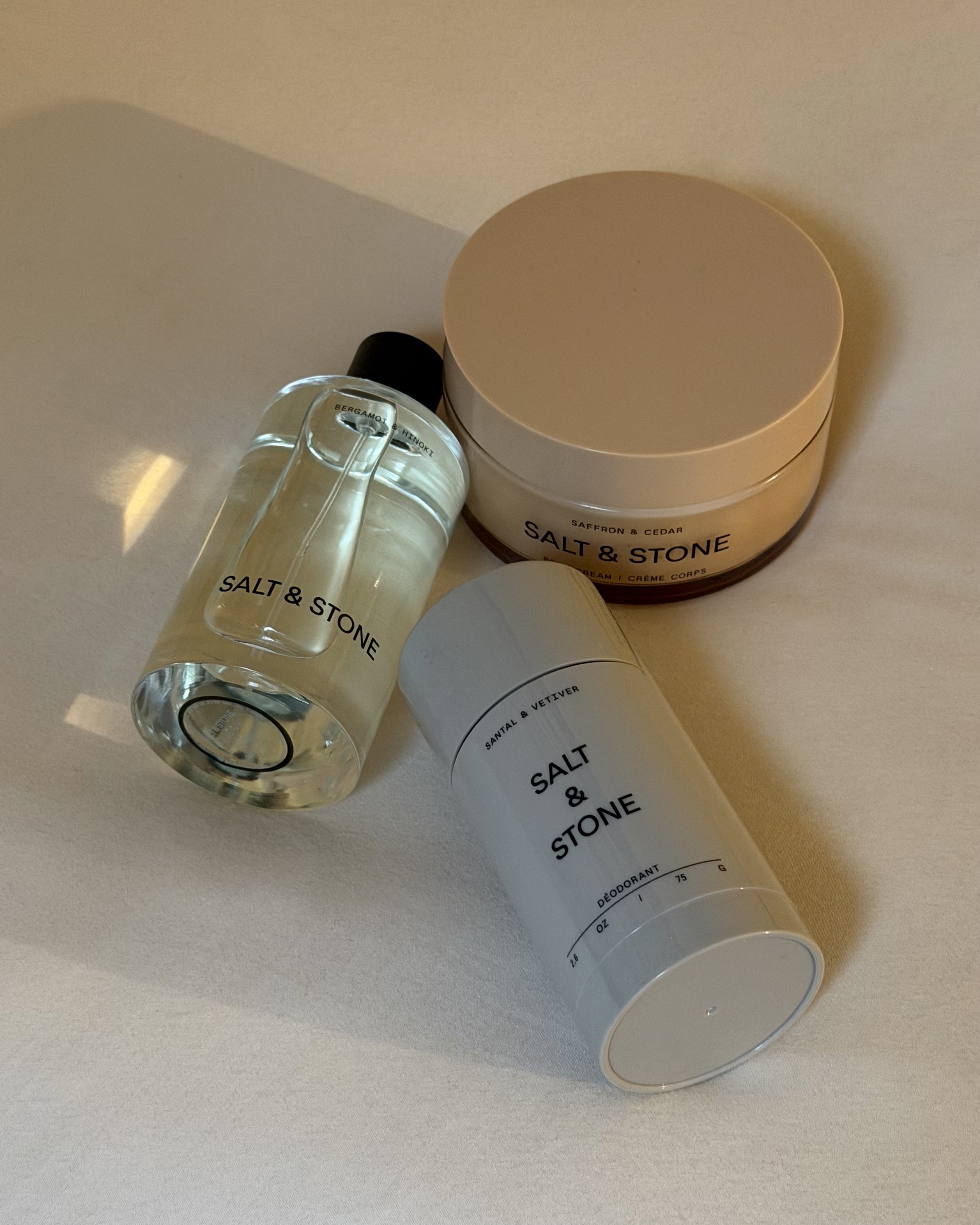 An image of associate beauty editor Alyssa Brascia's Salt and Stone products.