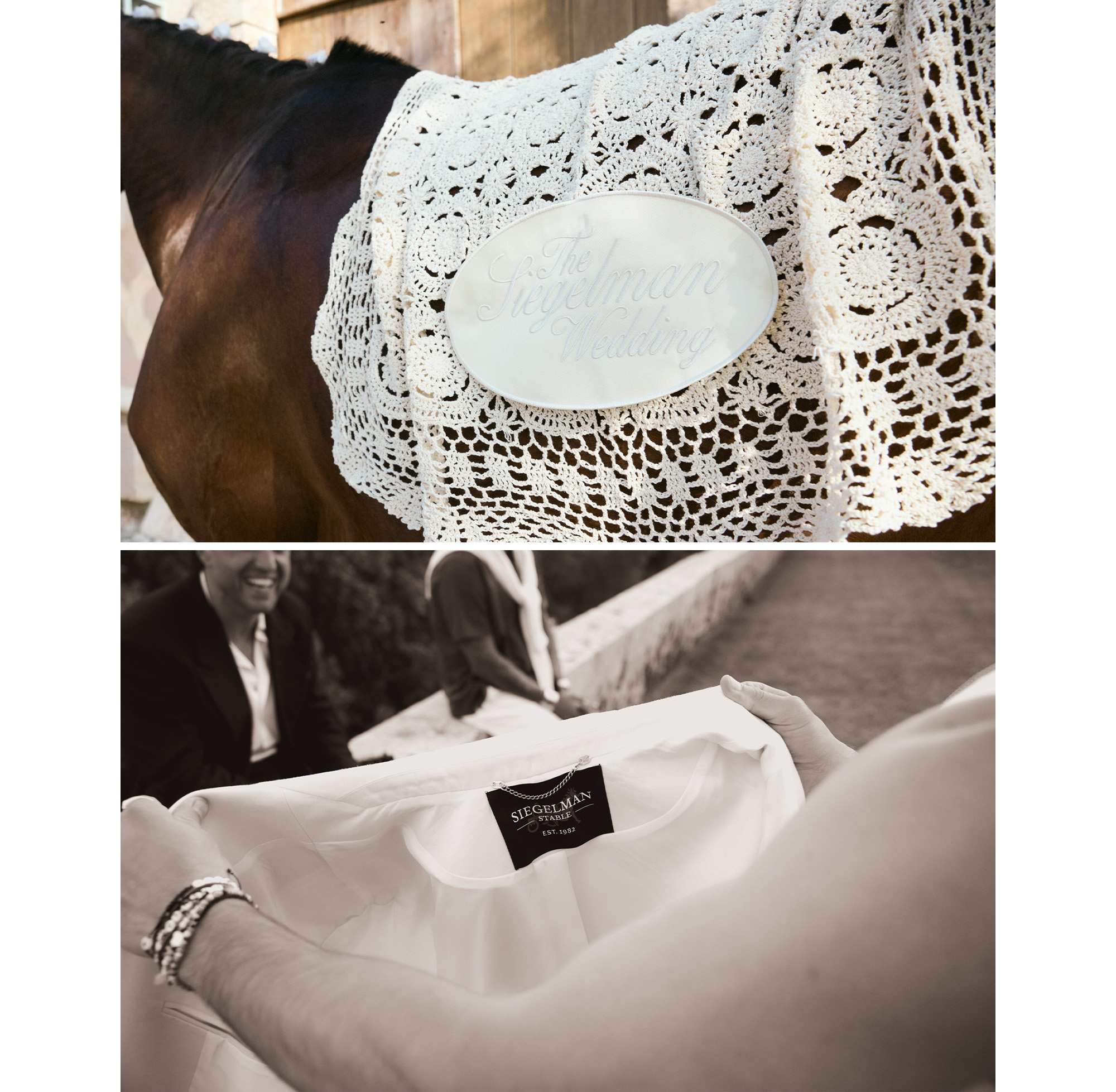 Collage of a horse with a crochet blanket and Max's white blazer.