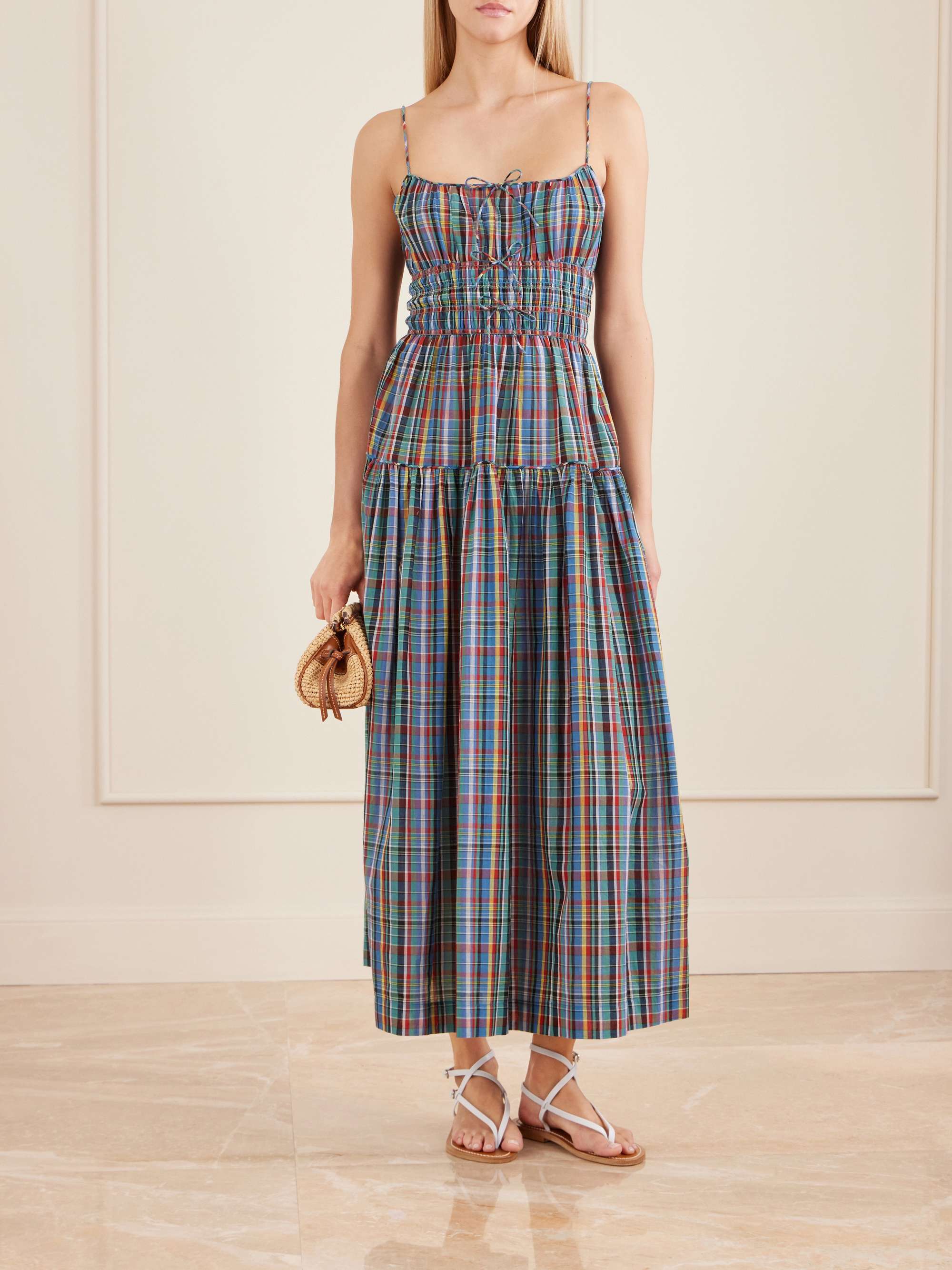 Brielle Gathered Checked Organic Cotton Midi Dress