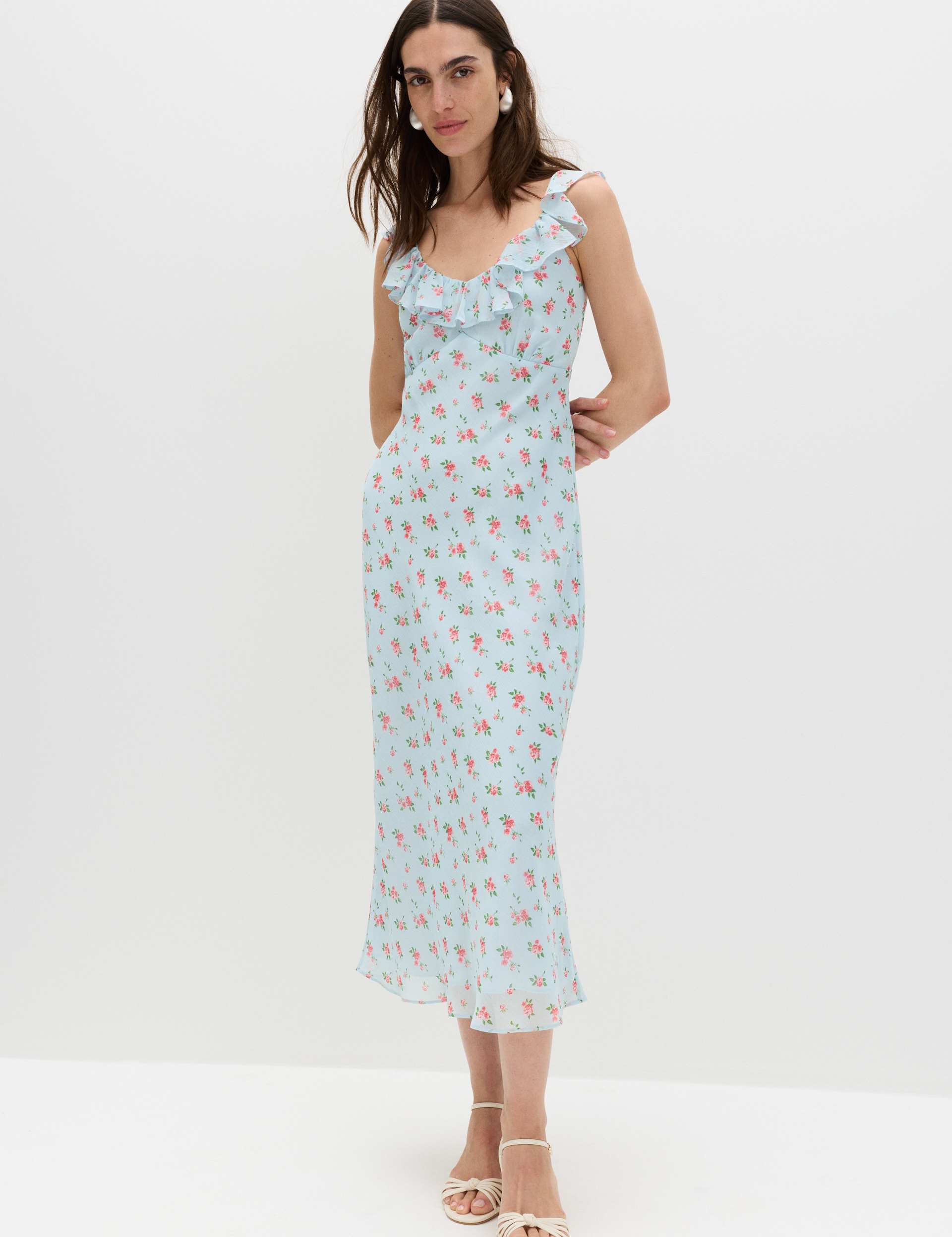 Floral Ruffle Detail Midi Column Dress