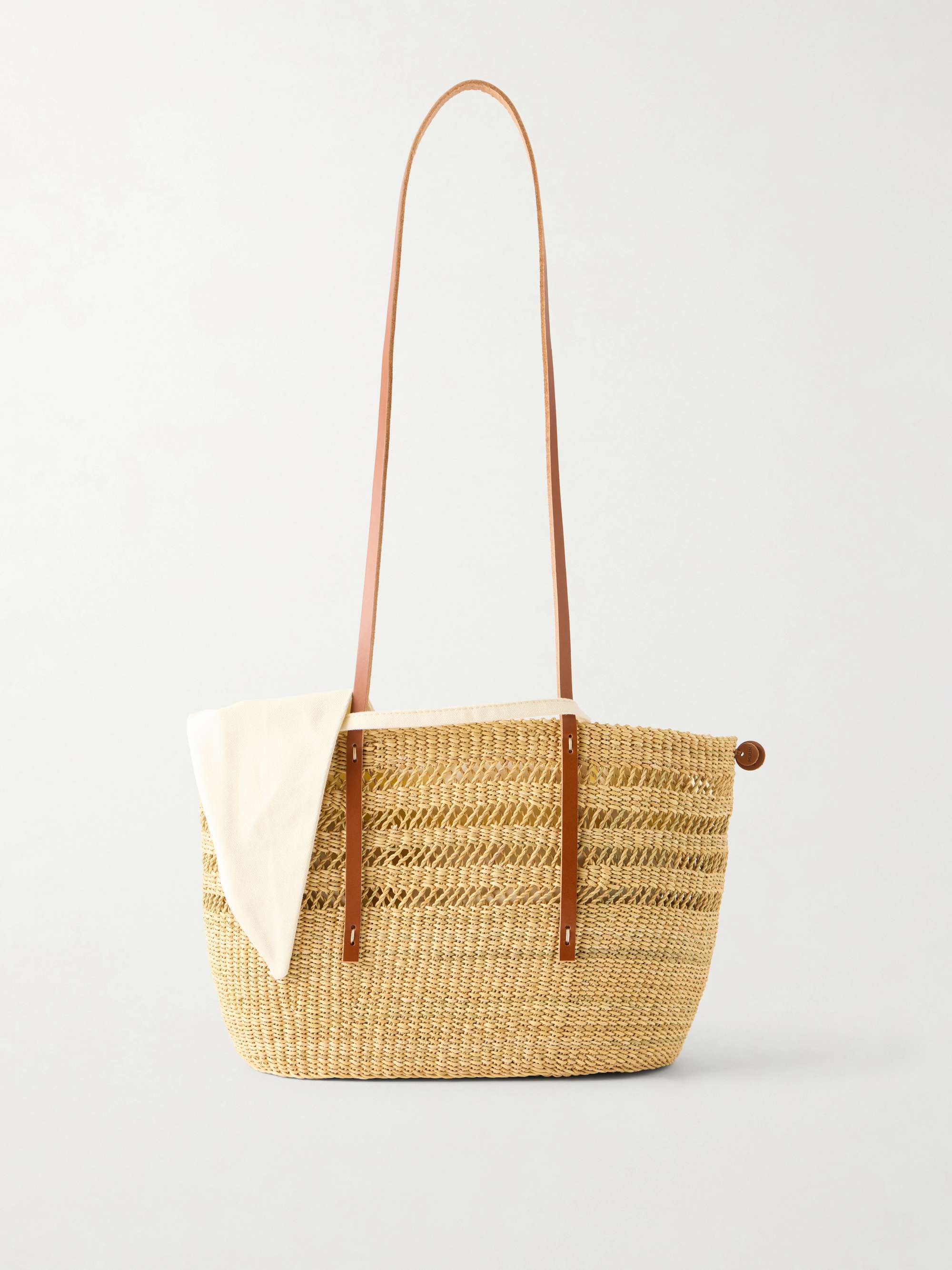 Bicro M Leather-Trimmed Woven Straw Tote