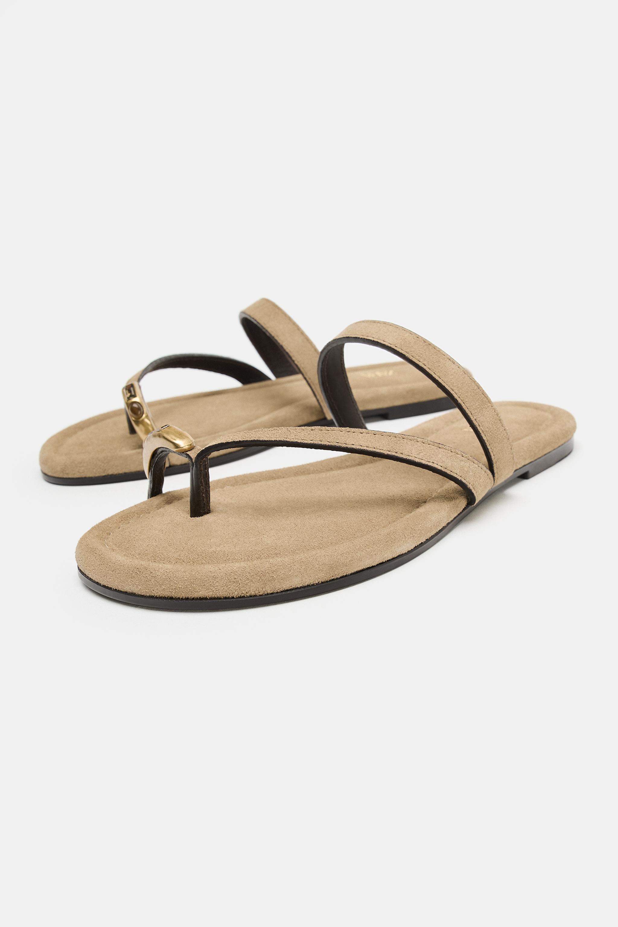 Appliqu&Eacute; Split Suede Flat Sandals - Sand Brown - 2