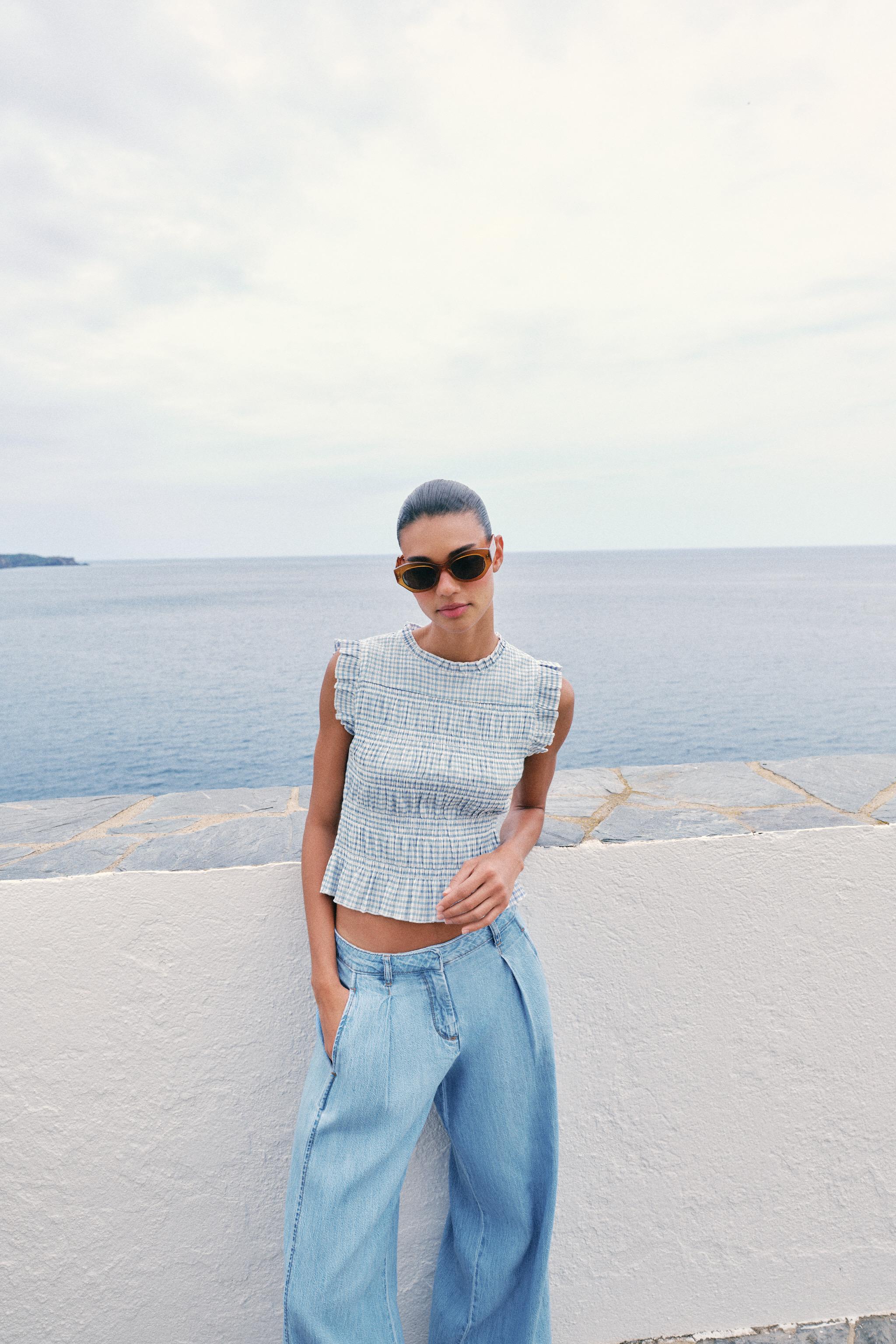 Gingham Smocked Top - Ecru / Blue - Xs