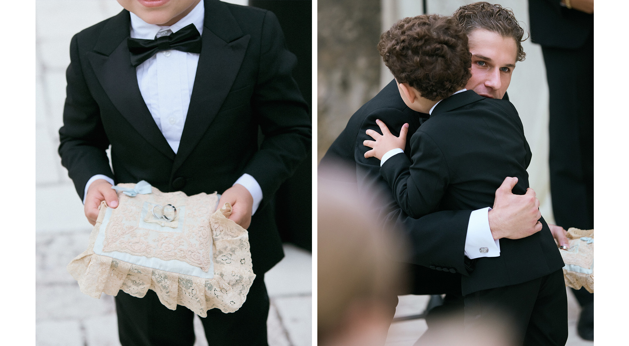 Collage of Max hugging the ring bearer and the rings.
