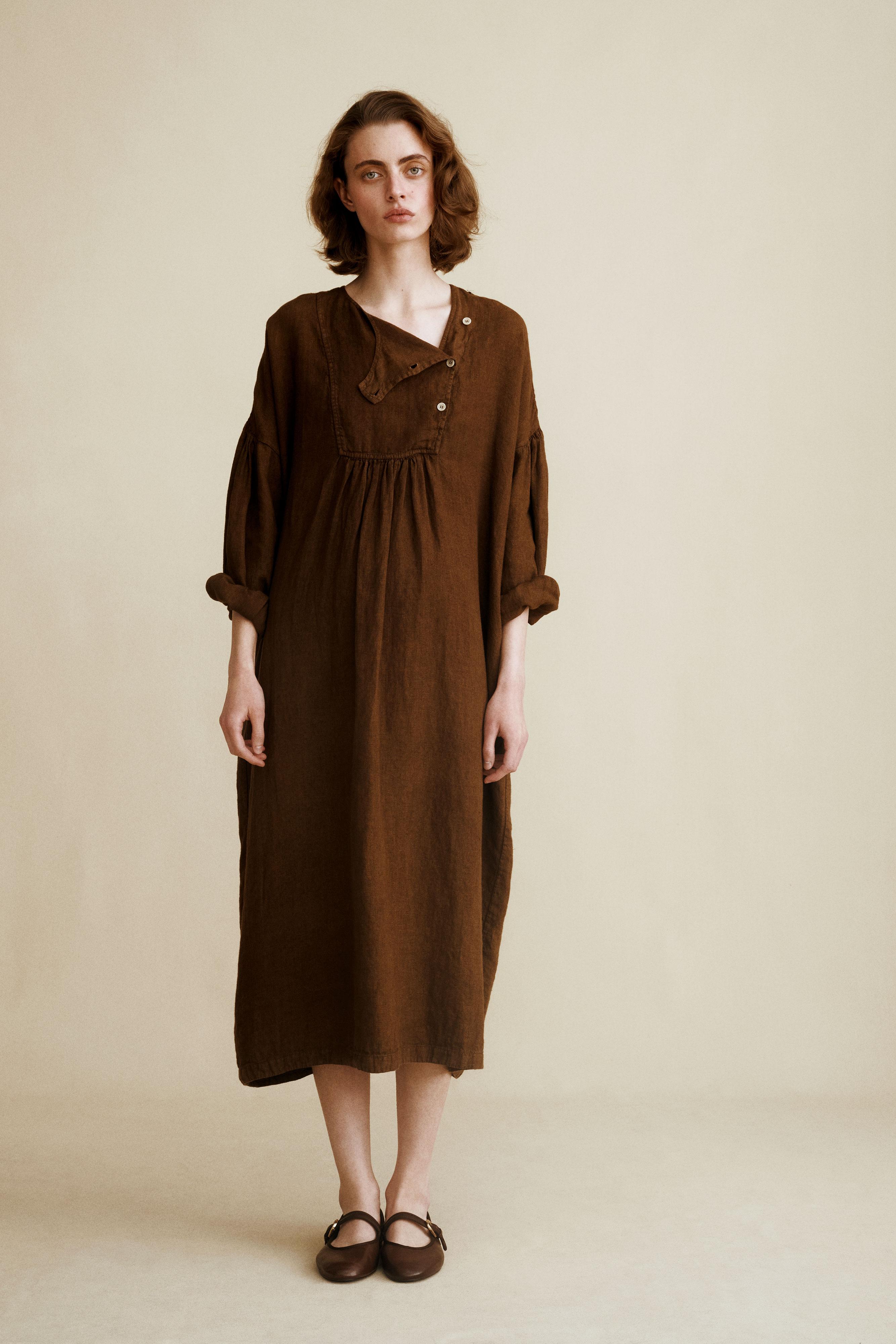 100% Linen Dress Created by Caramel London X Zara - Chocolate - Xs
