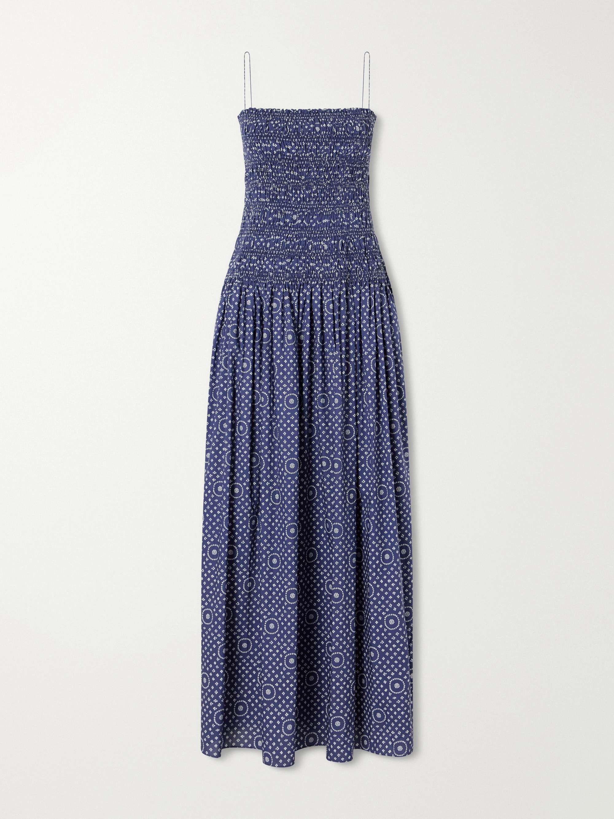 Shirred Printed Cotton Midi Dress