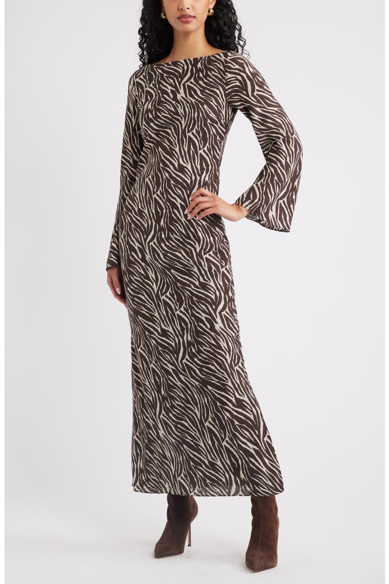 Print Long Sleeve Drape Back Dress