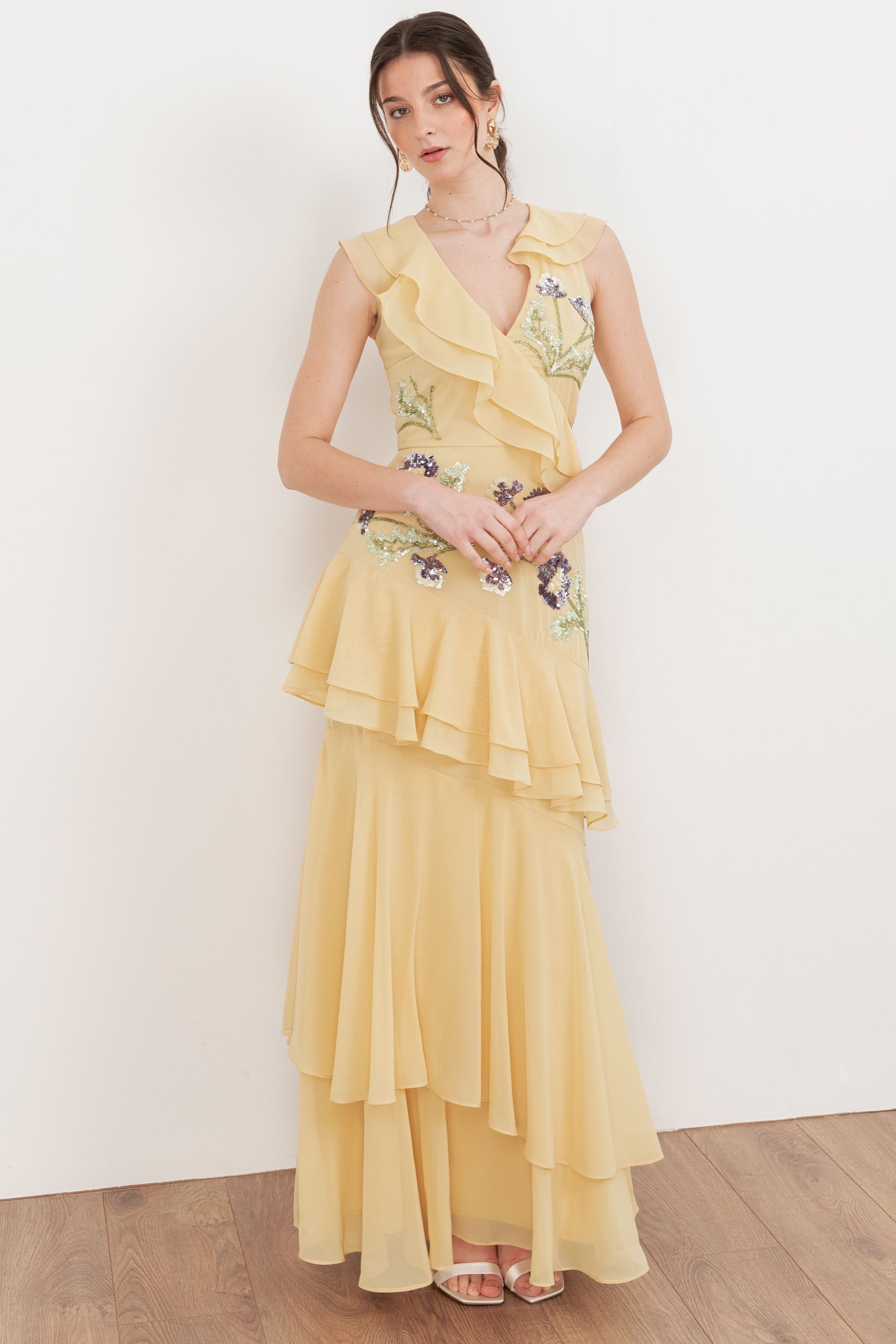 Embellished Asymmetric Ruffle Maxi Dress