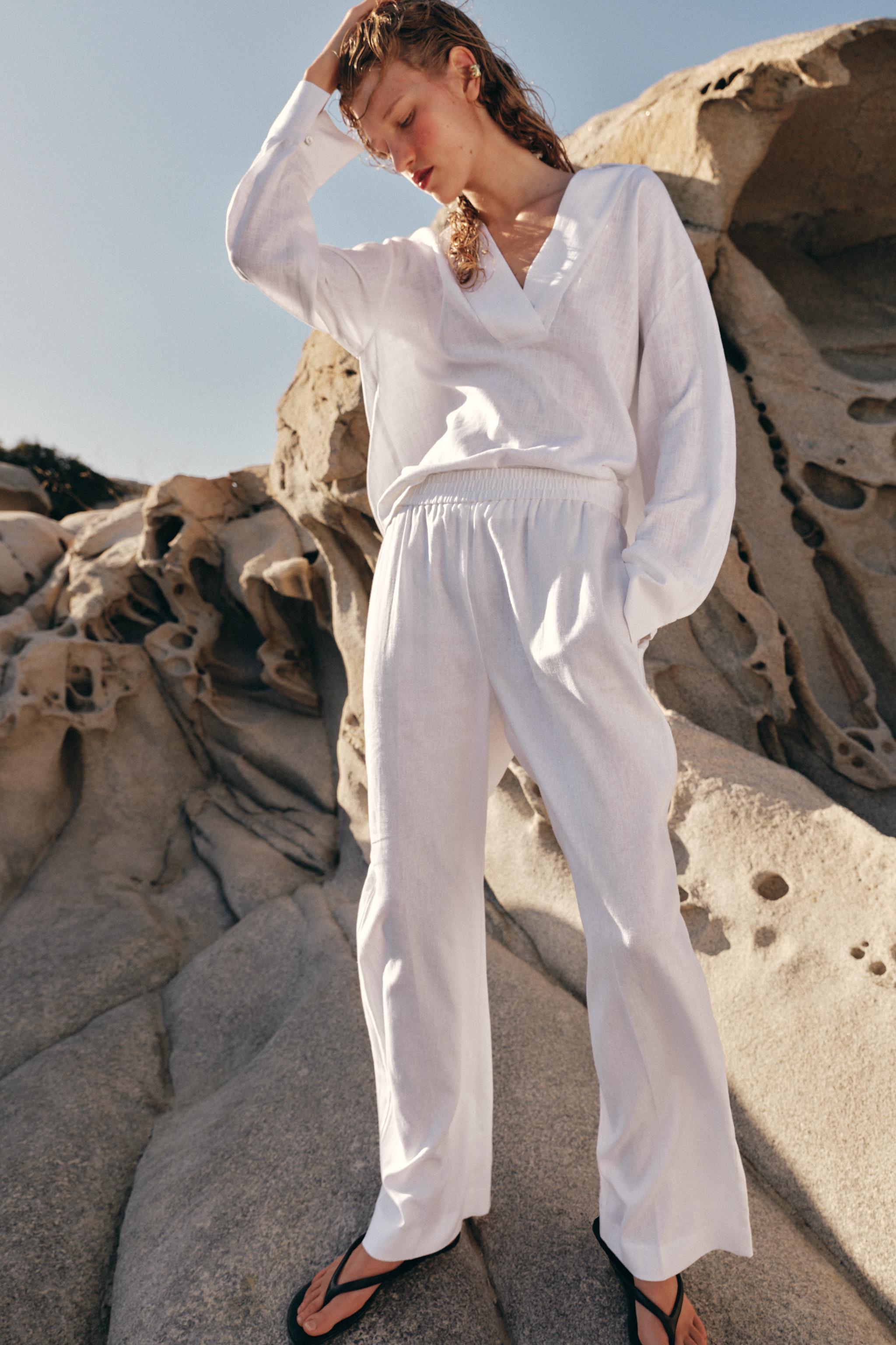 Straight Trousers With Linen - Oyster-White - Xs