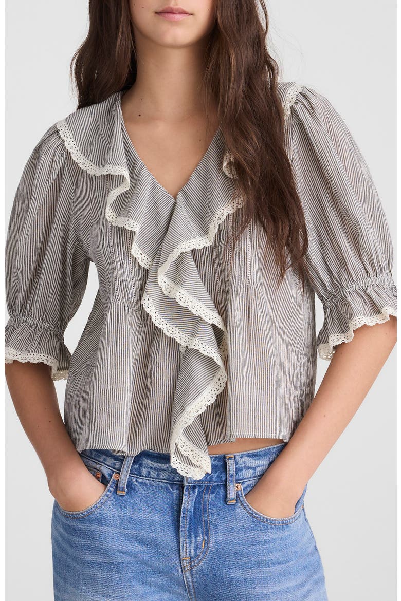 Ruffled Puff Sleeve Cotton Button-Up Shirt