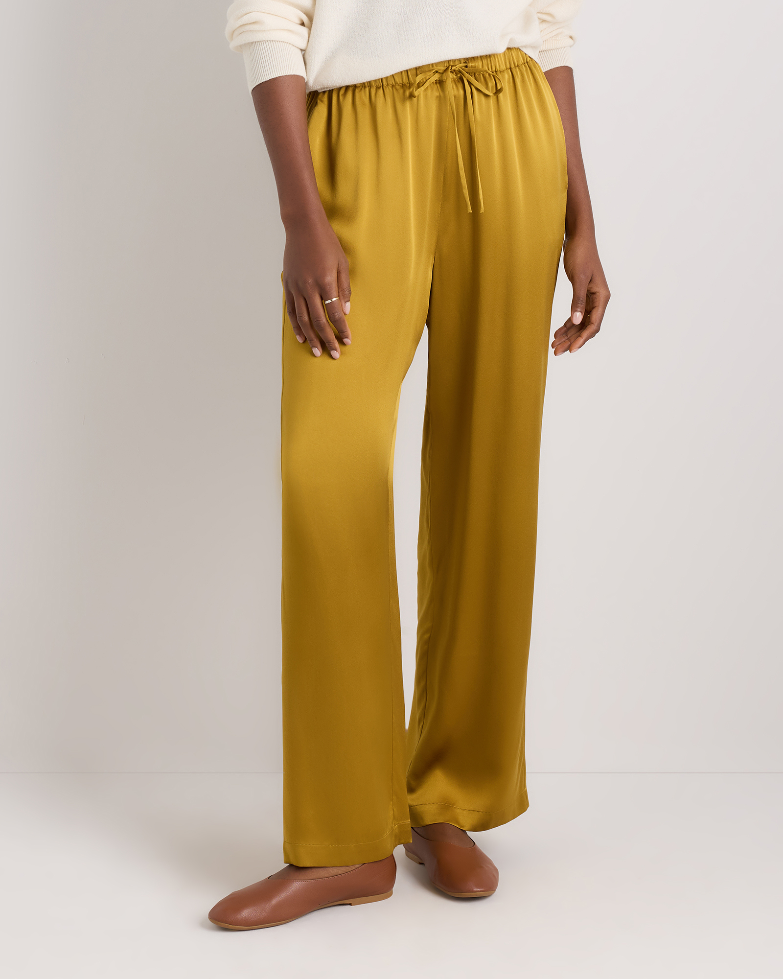 100% Washable Silk Drawstring Wide Leg Pants in Mineral Yellow