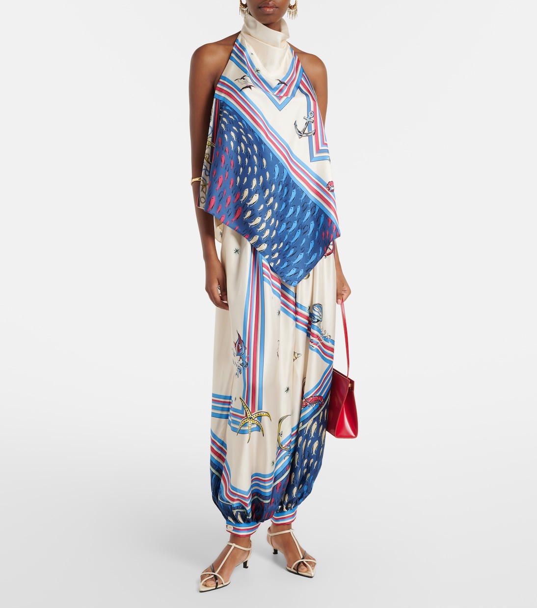 Apollo Printed Cropped Silk Satin Balloon Pants in White - Alemais