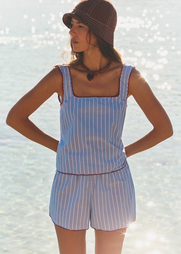 Edess Short - Blue With Ecru  Stripes - Organic Cotton - S&eacute;zane