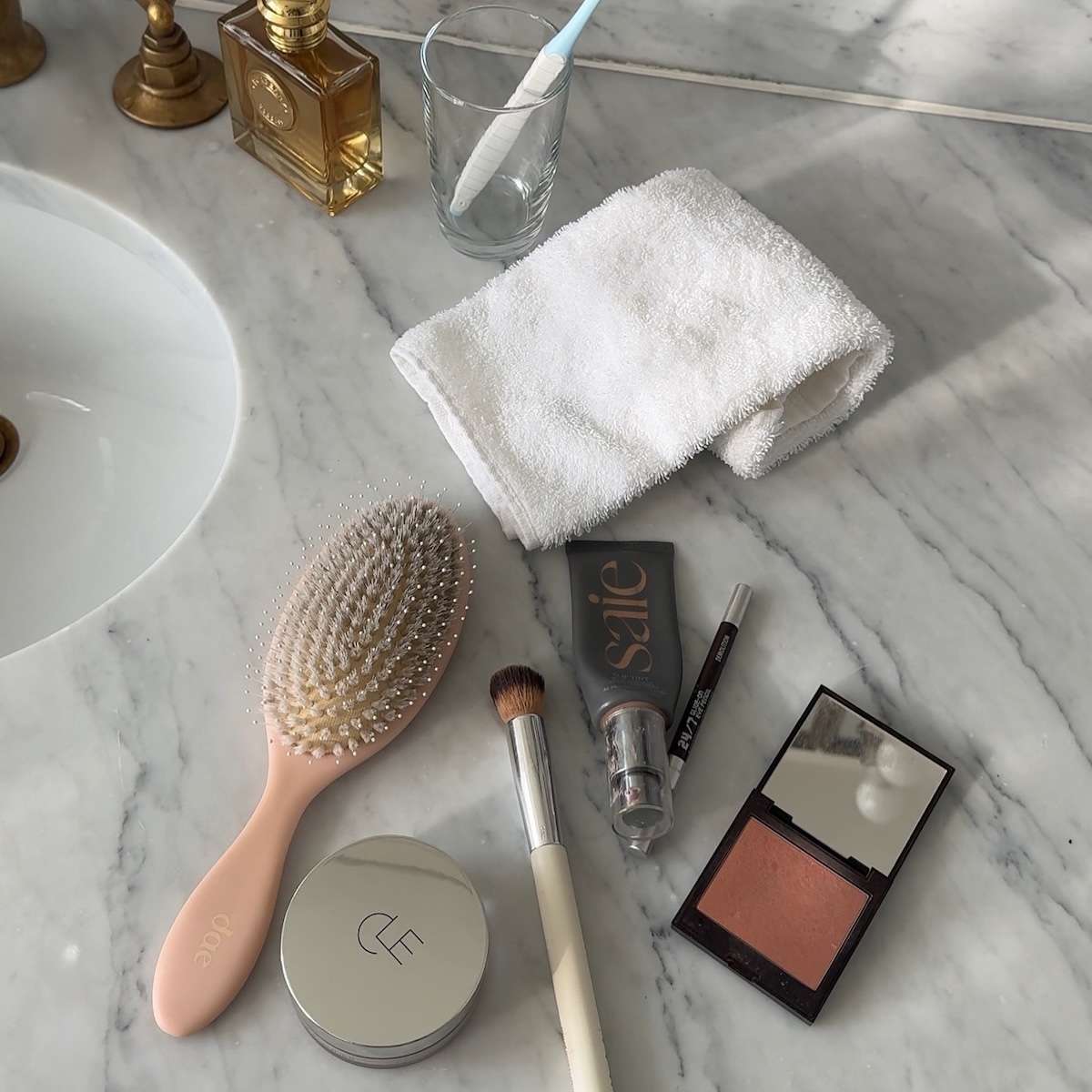 Beauty products on a vanity