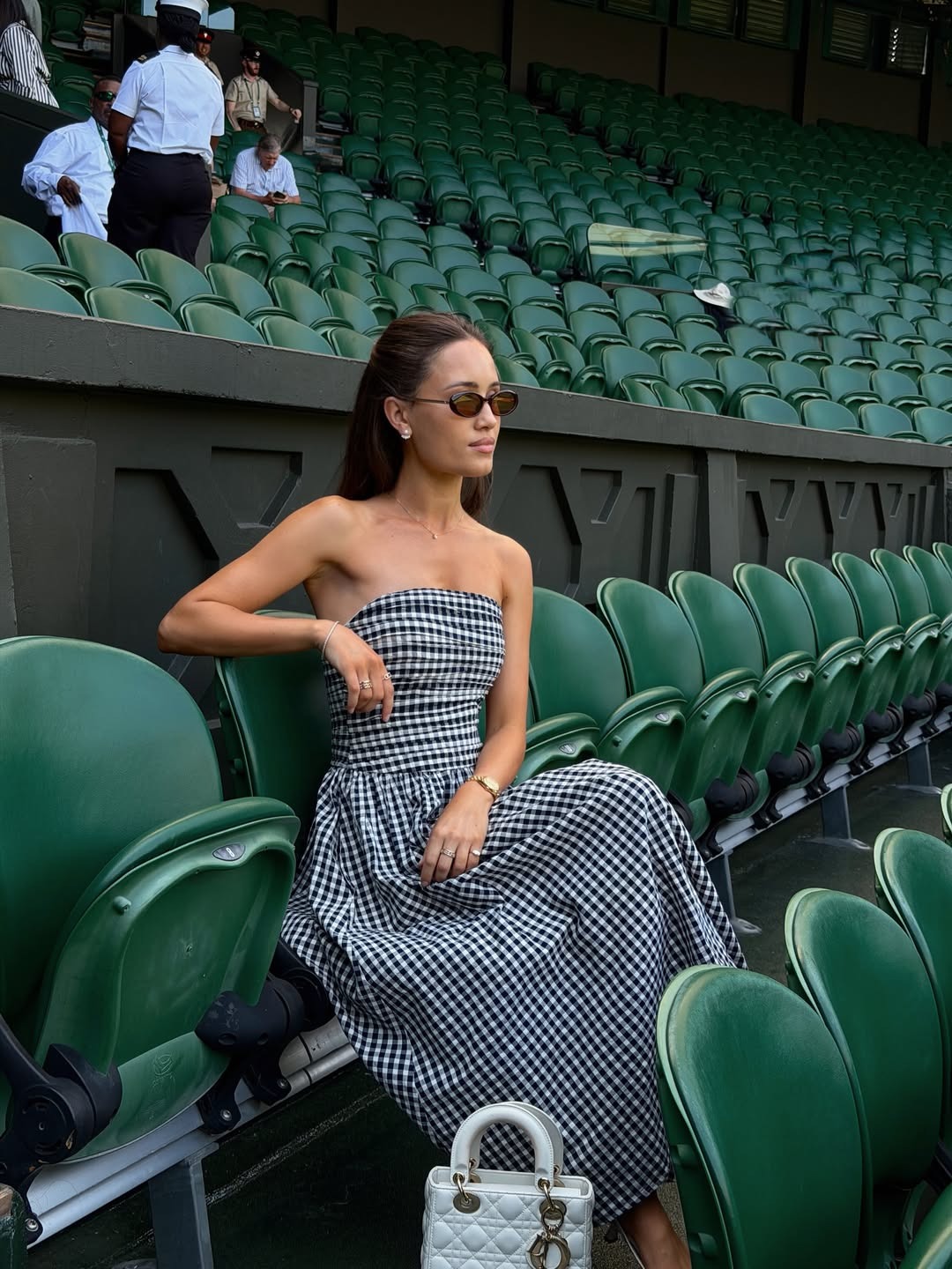 Kate wearing the checked strapless dress