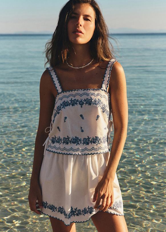Noam Skirt - Ecru With Contrasting Blue Embroidery - Organic Cotton - S&eacute;zane