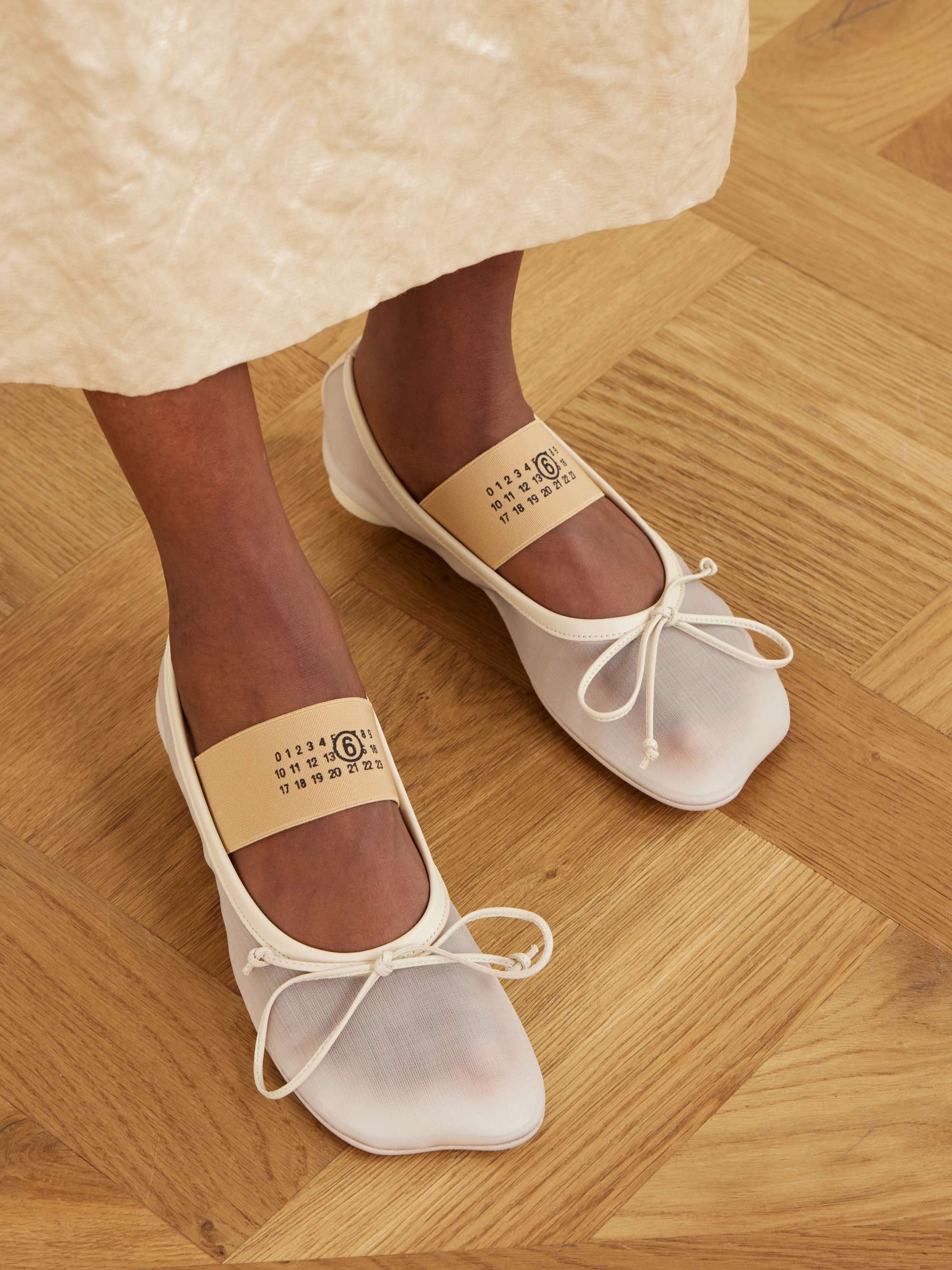 Logo-Printed Leather-Trimmed Mesh Ballet Flats