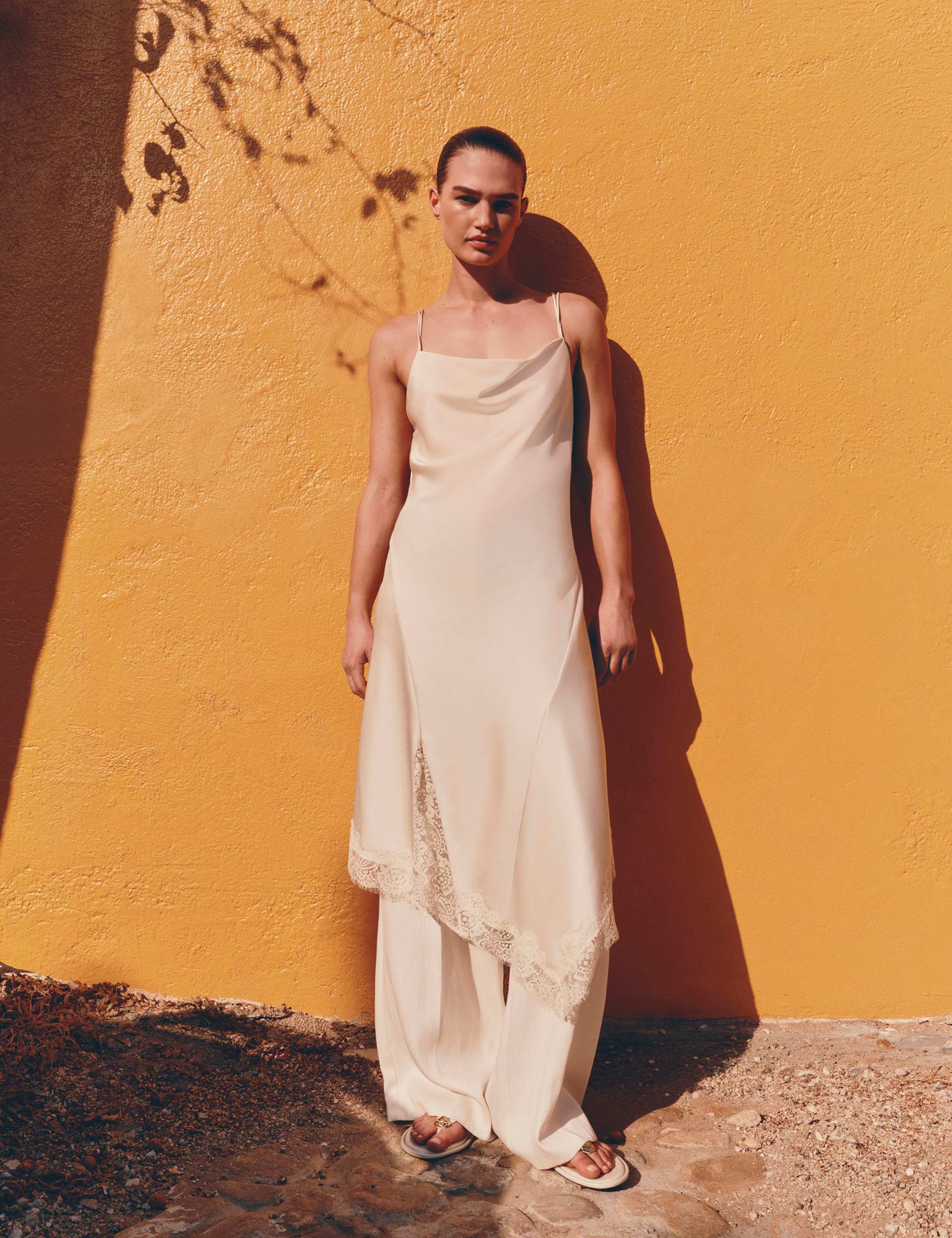 Satin Cowl Neck Lace Insert Midi Slip Dress