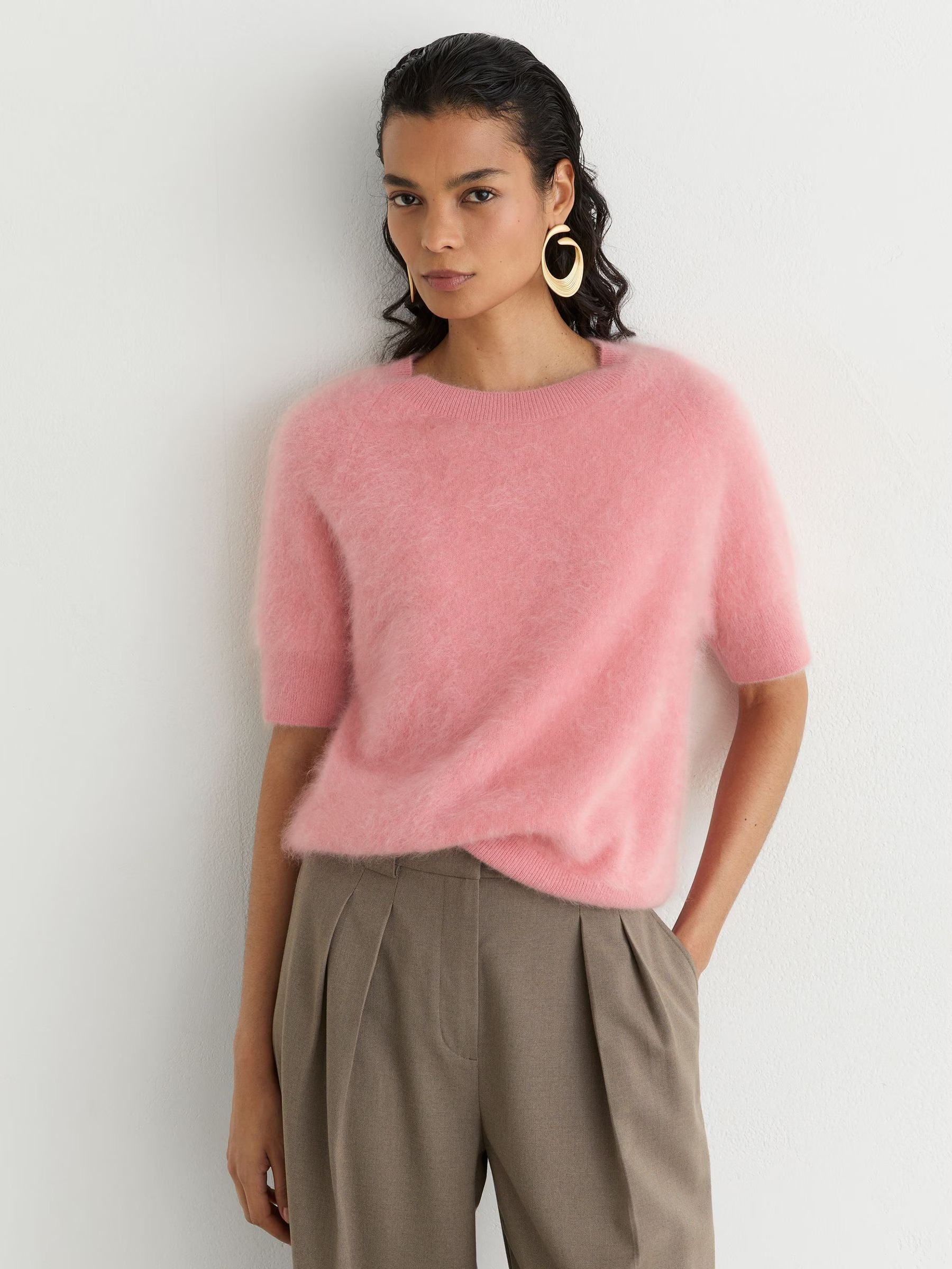 Reiss, 100% Brushed Cashmere Short-Sleeve Top in Pink