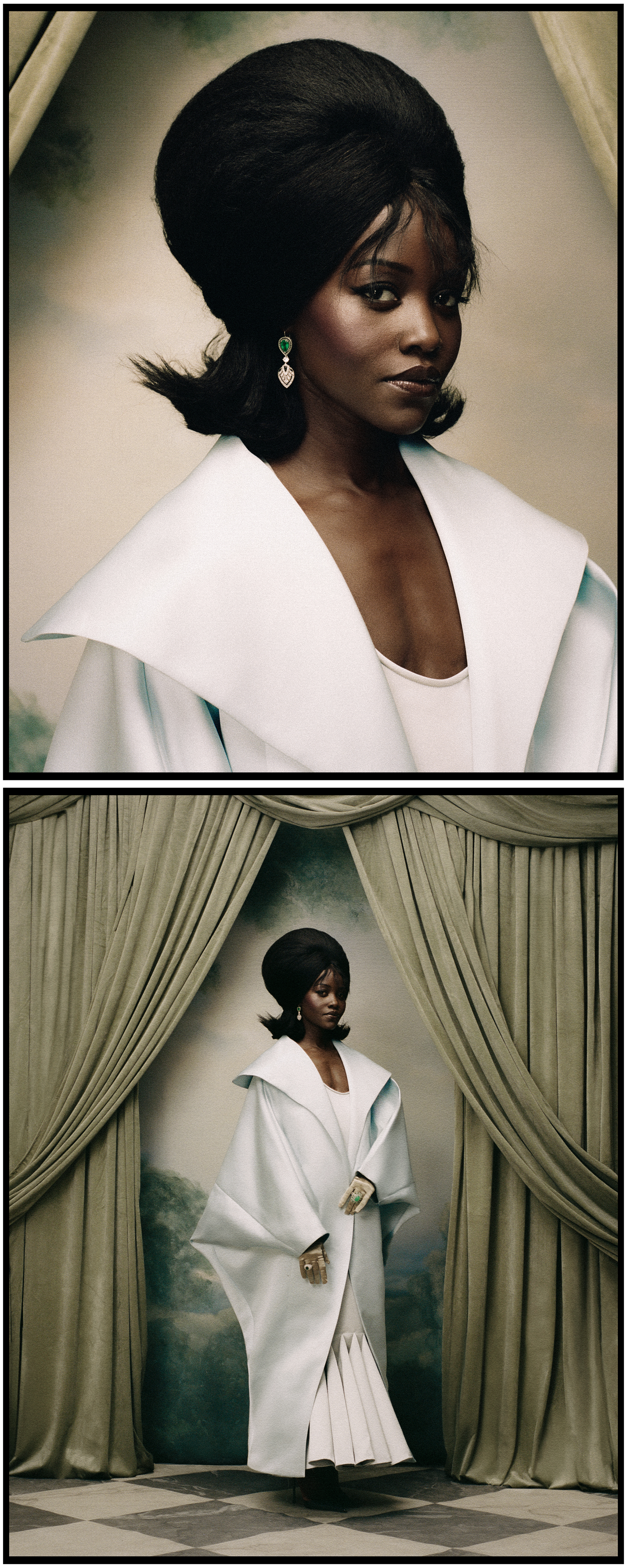 Lupita Nyong'o photographed by Kenny Germé. Top image: Close-up portrait of Lupita wearing a white coat with oversize lapels and drop earrings. Bottom: Full-length image of Lupita wearing an oversize white coat over fluted white dress.
