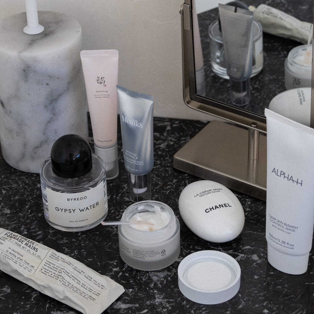 Beauty products on a vanity