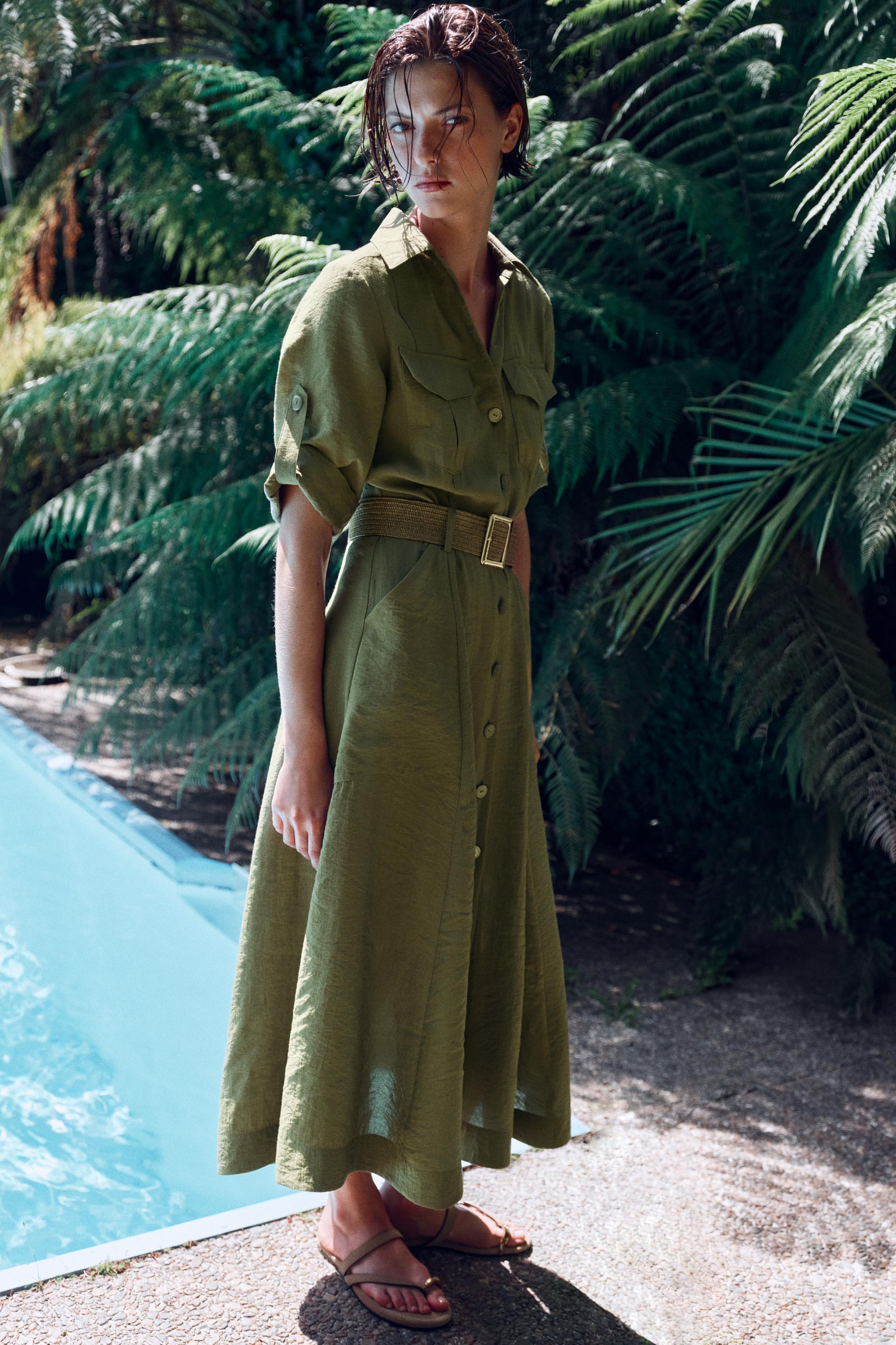 Belted Midi Shirt Dress - Khaki - Xs