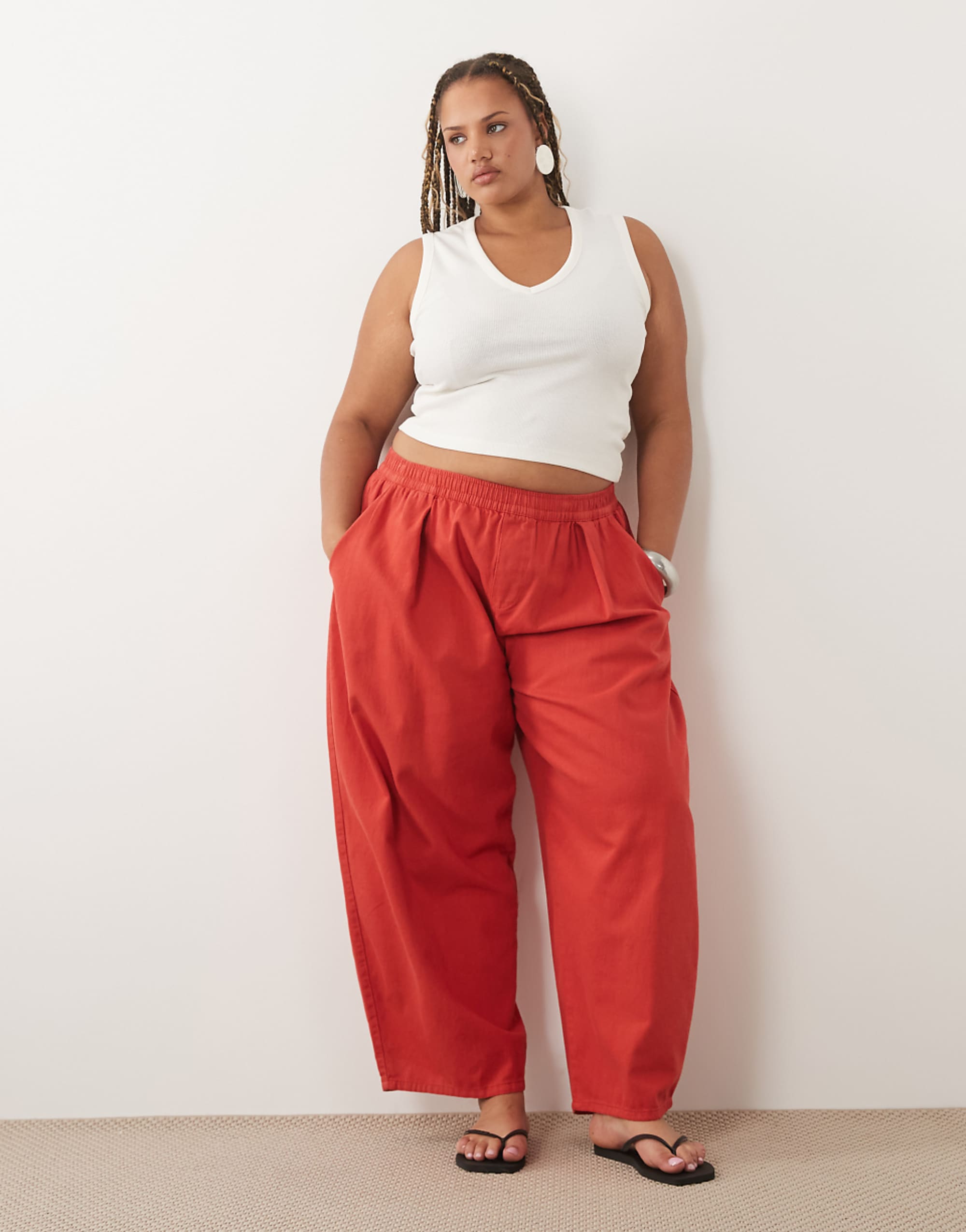 Asos Design Curve Pull on Barrel Trouser in Washed Red