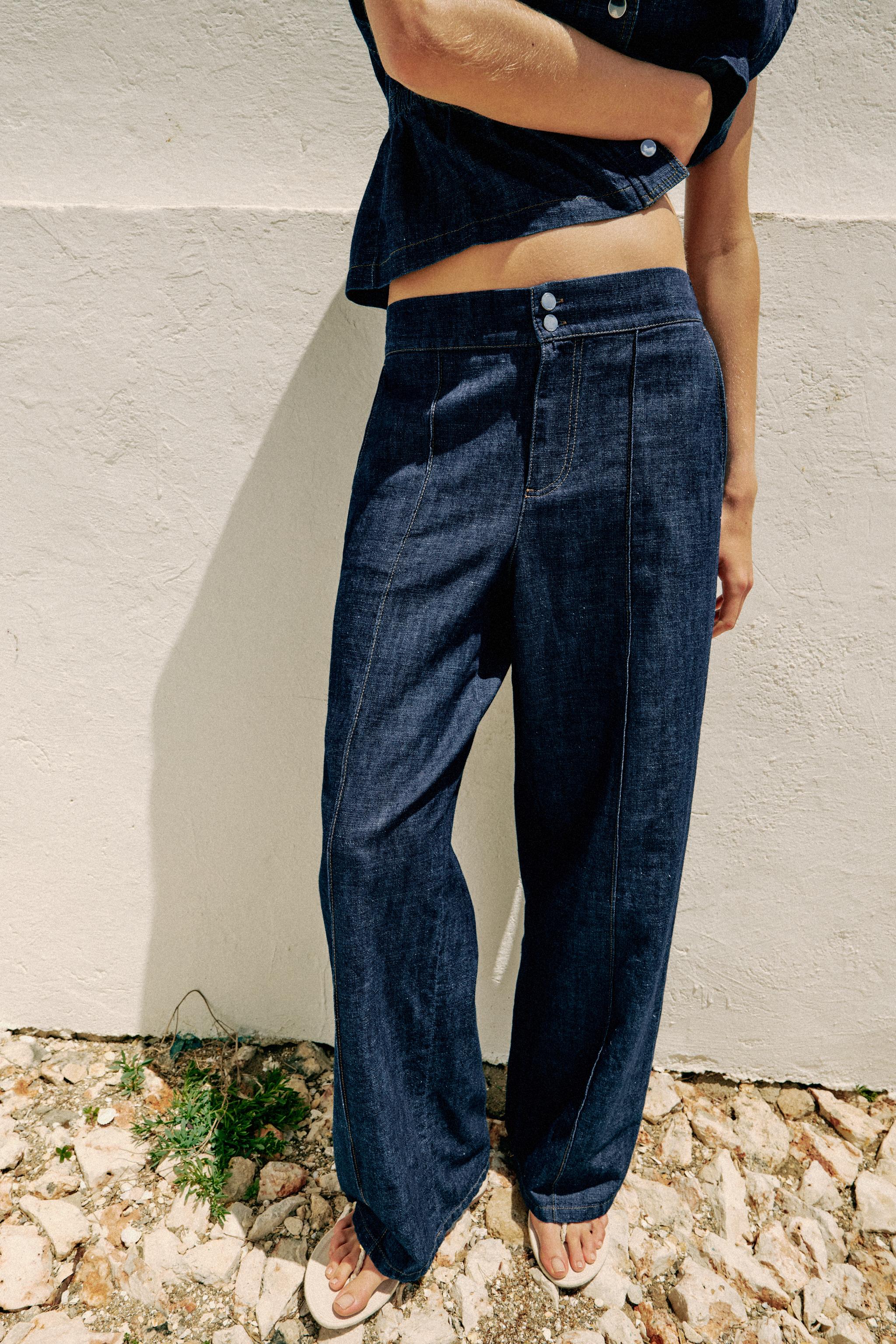 Linen Blend Straight Leg Pants - Indigo - Xs
