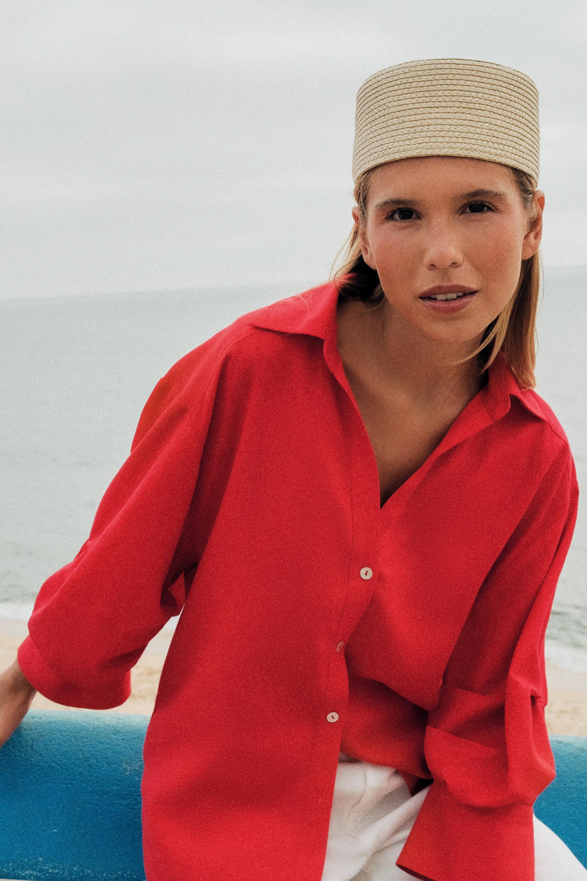 Linen Blend Puff Sleeve Shirt - Red - Xs
