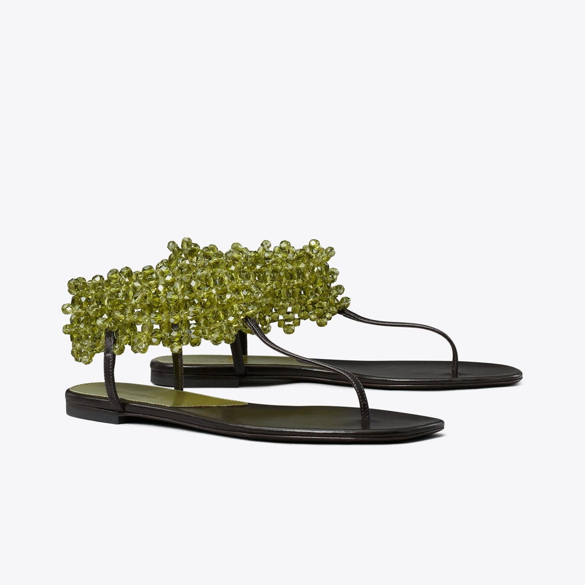 Beaded Flat Sandal in Green, Size 10.5