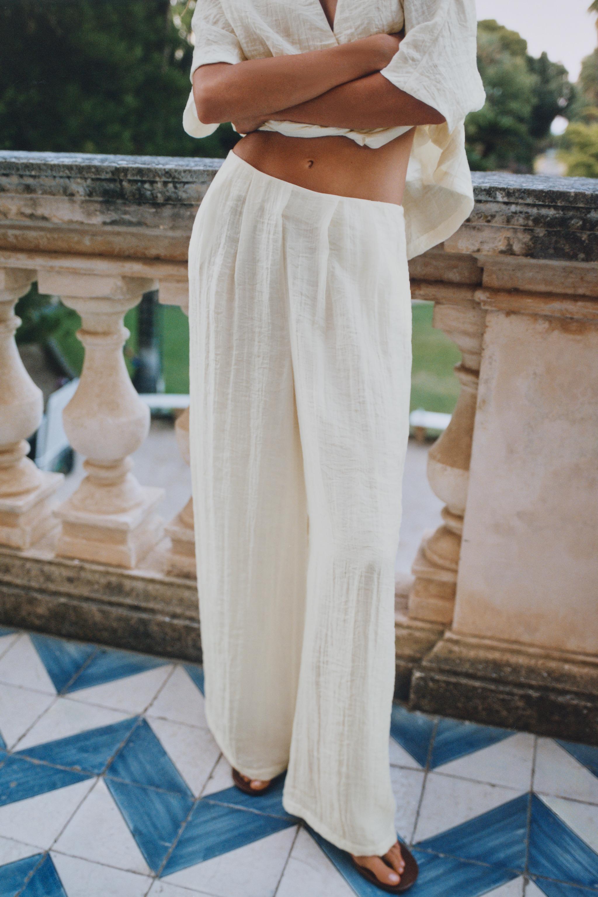 Wide-Leg Pleated Trousers - Ecru - Xs