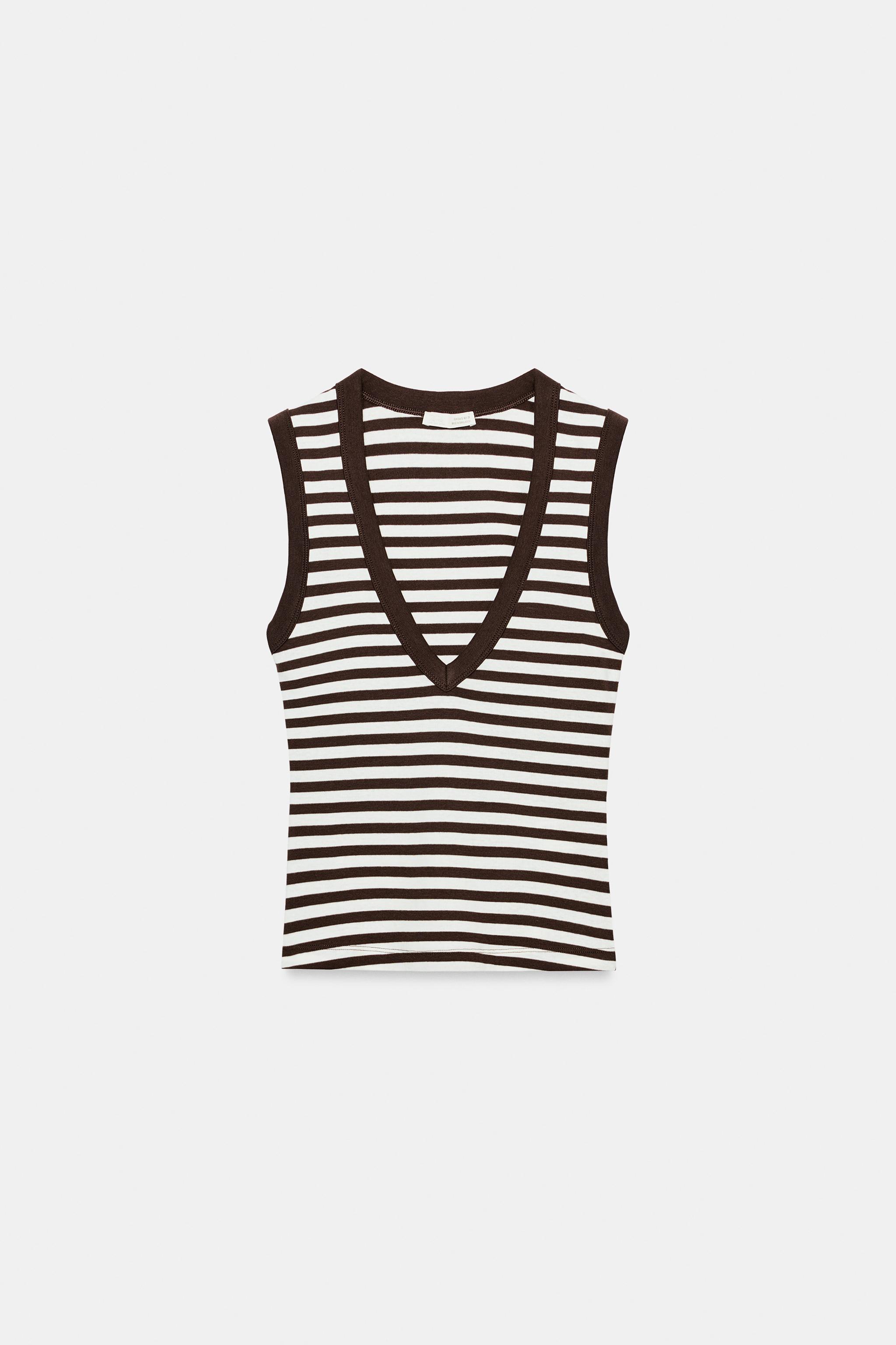 Cotton V-Neck Striped T-Shirt - Brown Stripes - S