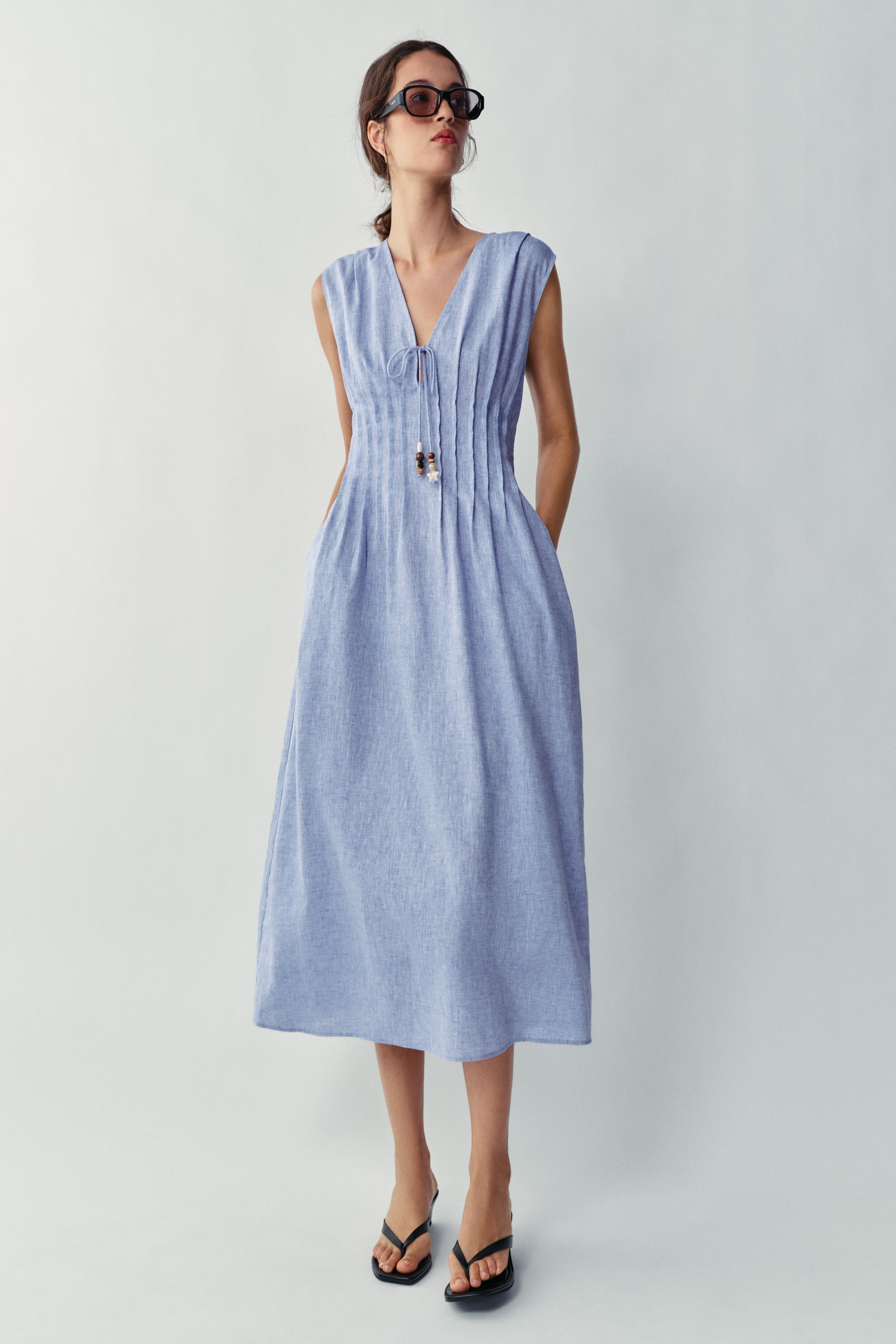 Linen Blend Pintuck Midi Dress - Blue - Xs